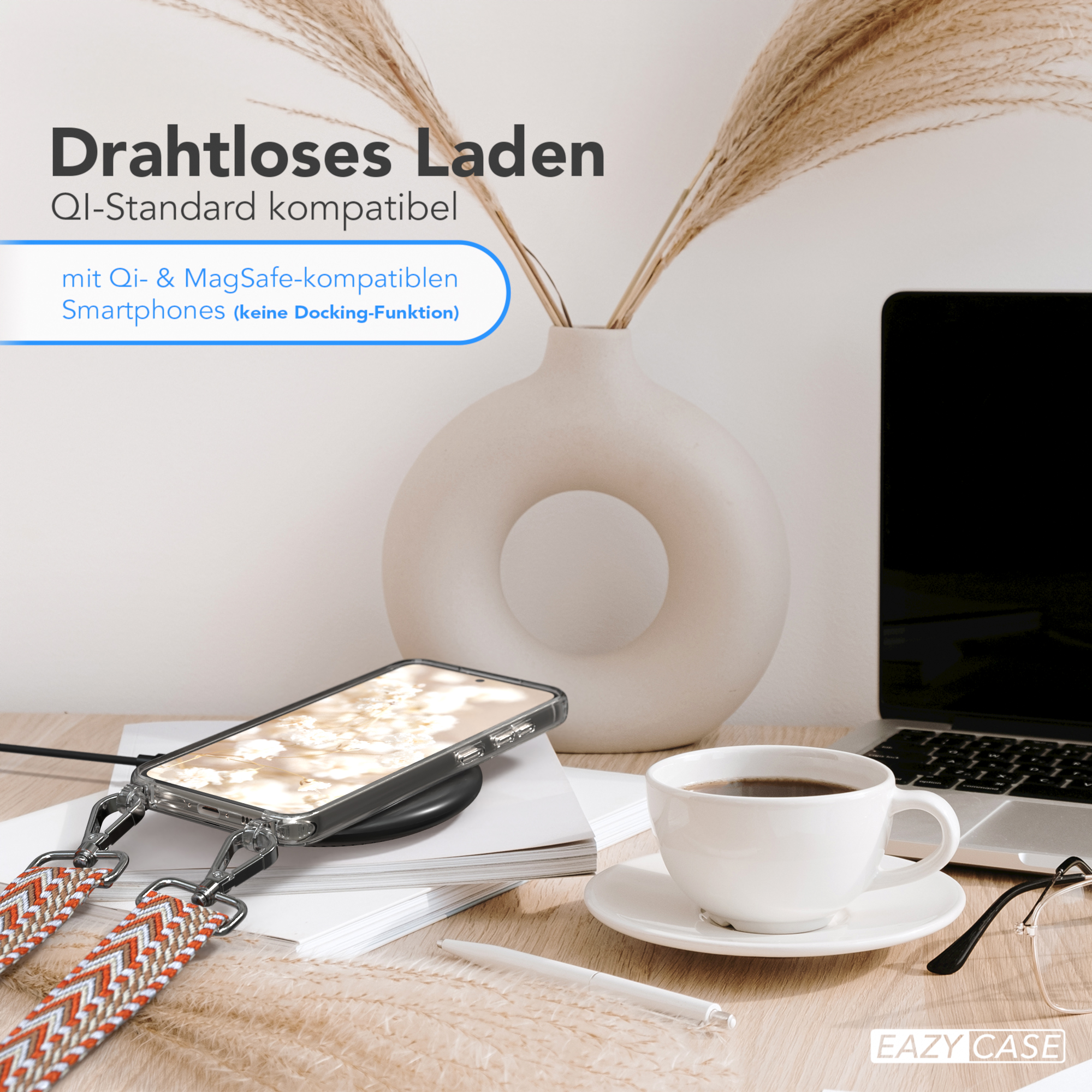 Telefon auf einem kabellosen Ladegerät mit Riemen. Text: Kabelloses Laden.