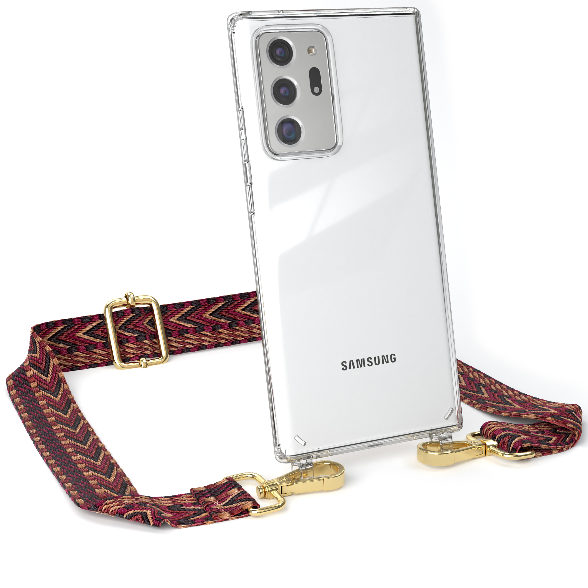 Transparente Handyhülle mit Riemen. Samsung-Telefon ist vertikal. Weißer Hintergrund.