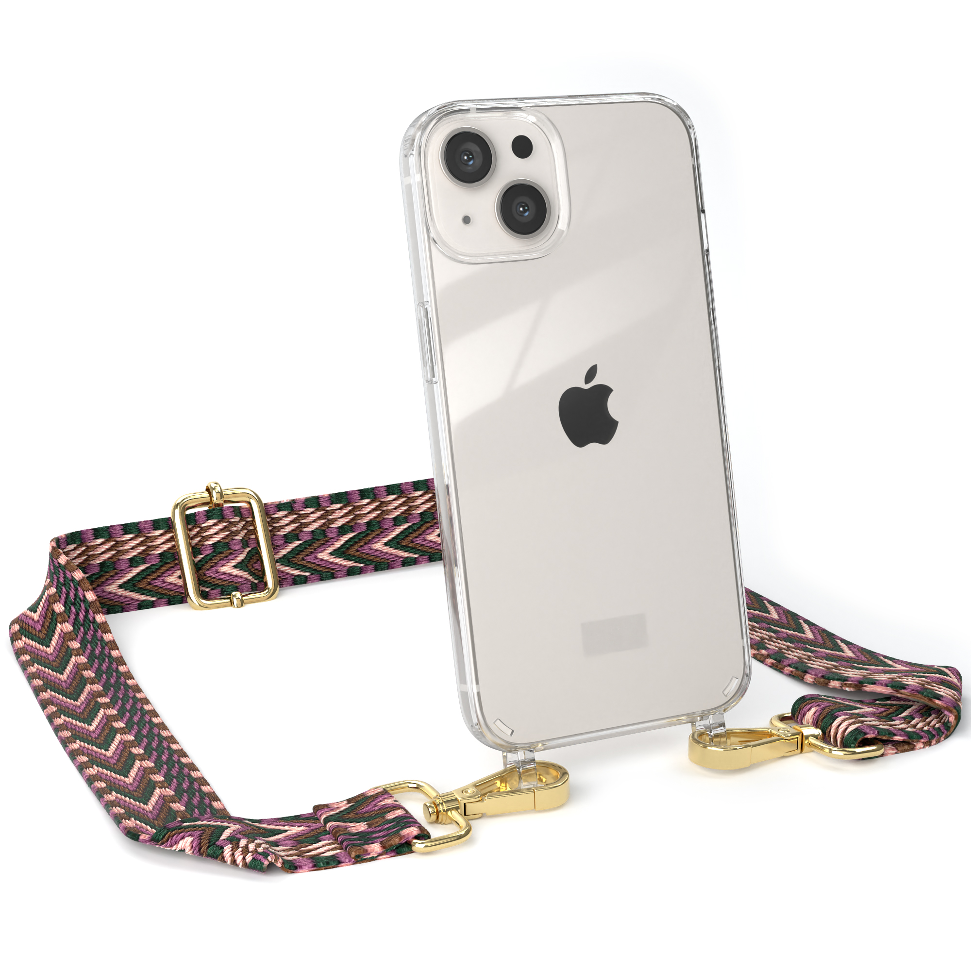 Kordel / mit Apple, iPhone CASE EAZY Boho Transparente Umhängetasche, Handyhülle Rosa Beere Style, 13,