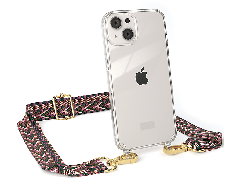 Kordel / mit Apple, iPhone CASE EAZY Boho Transparente Umhängetasche, Handyhülle Rosa Beere Style, 13,
