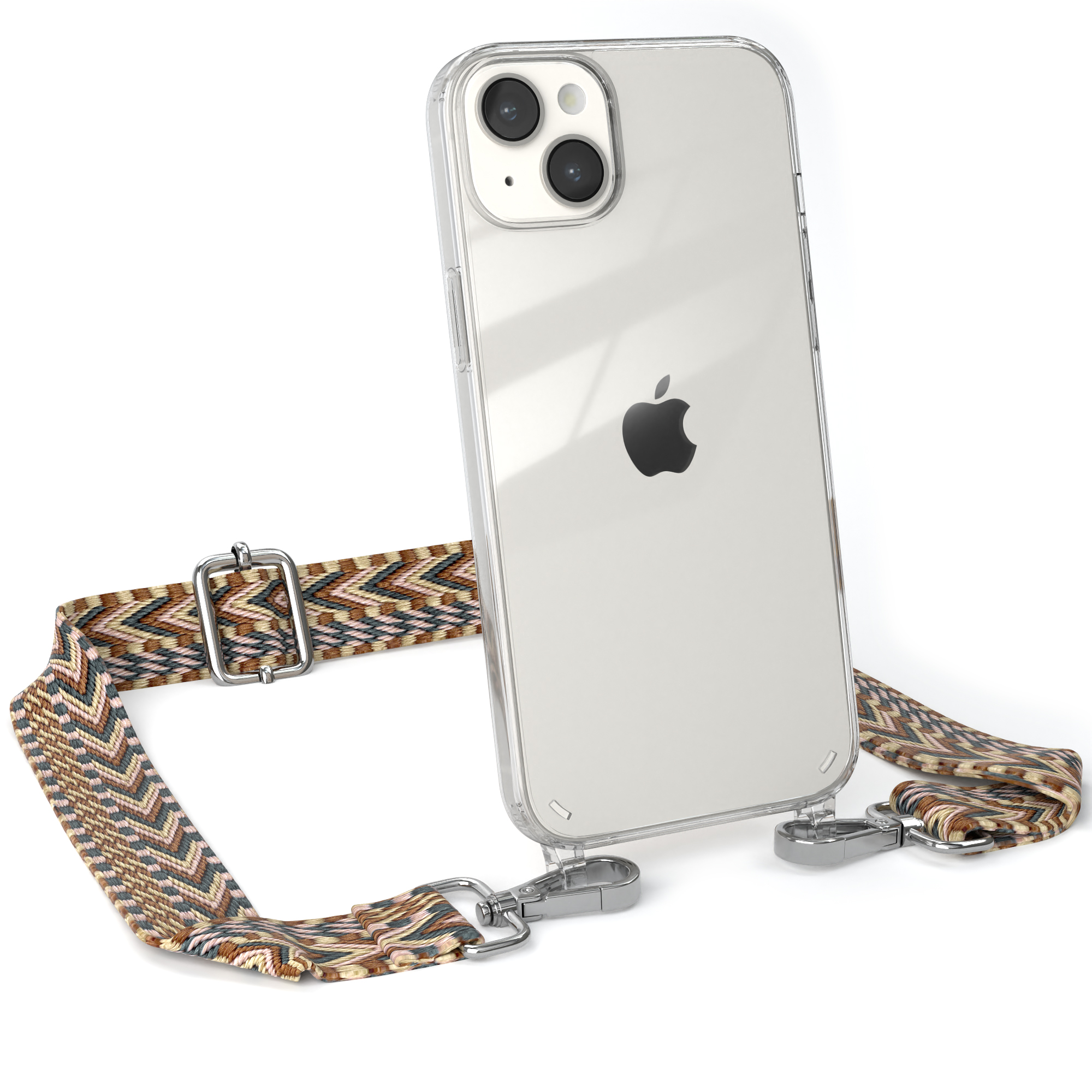 EAZY CASE Transparente Mix iPhone Boho mit Style, 14 Apple, Braun Plus, Handyhülle Kordel Umhängetasche