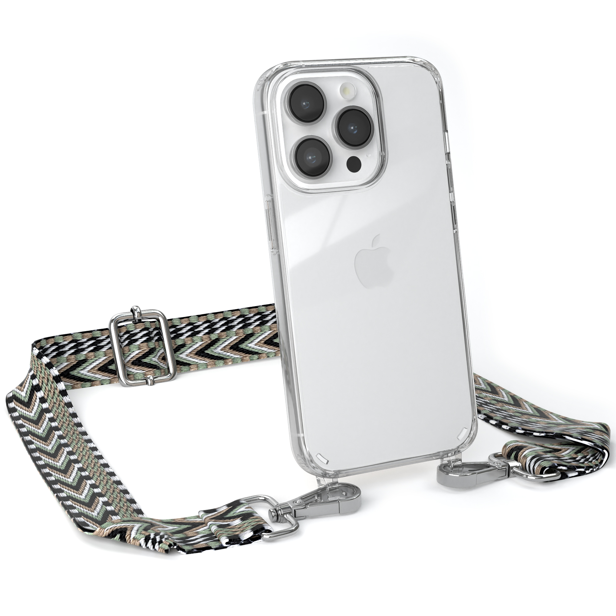 Transparente Handyhülle mit gemustertem Riemen und silberner Hardware.