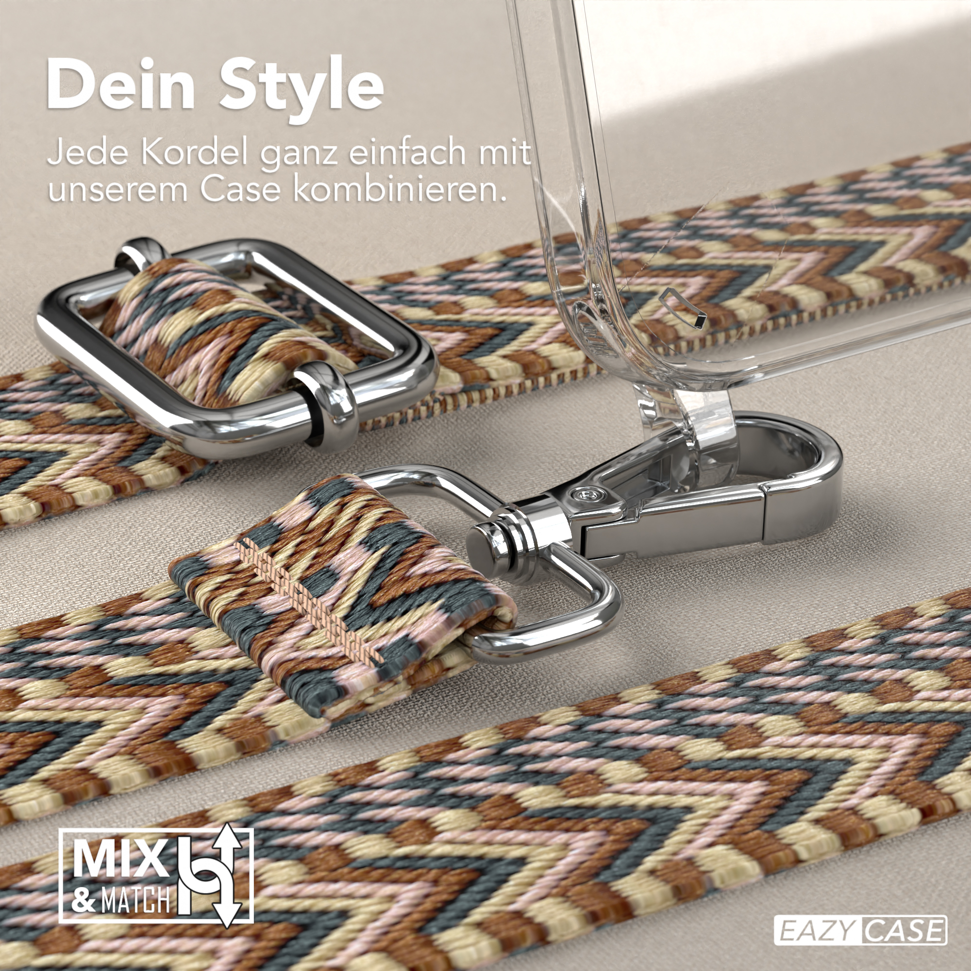 Nahaufnahme von Telefonriemen mit silbernem Verschluss und Bändern mit braunem, blauem und rosa Muster.