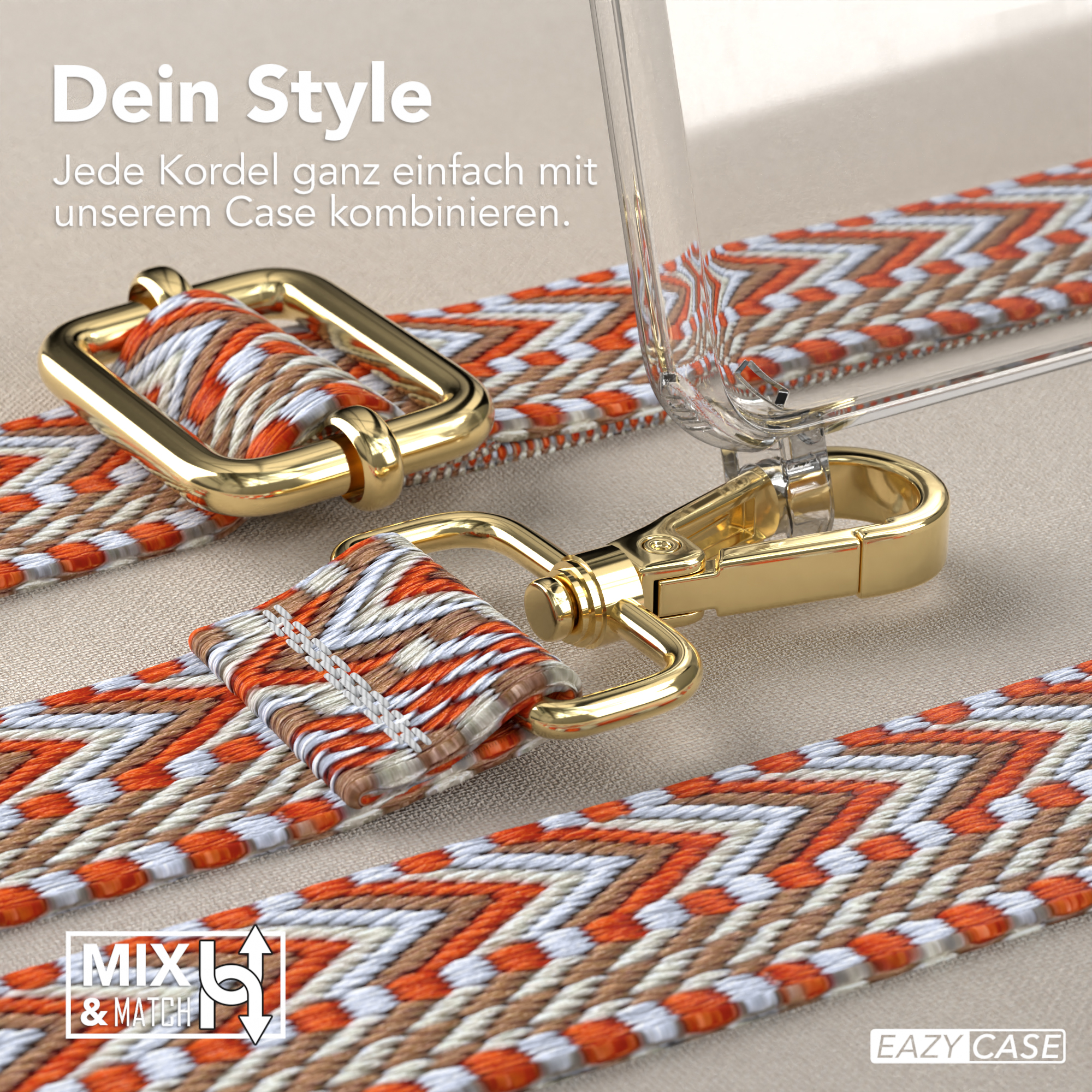 Handyhülle mit Trägern. Oranger und weißer Gurt mit goldener Schnalle.