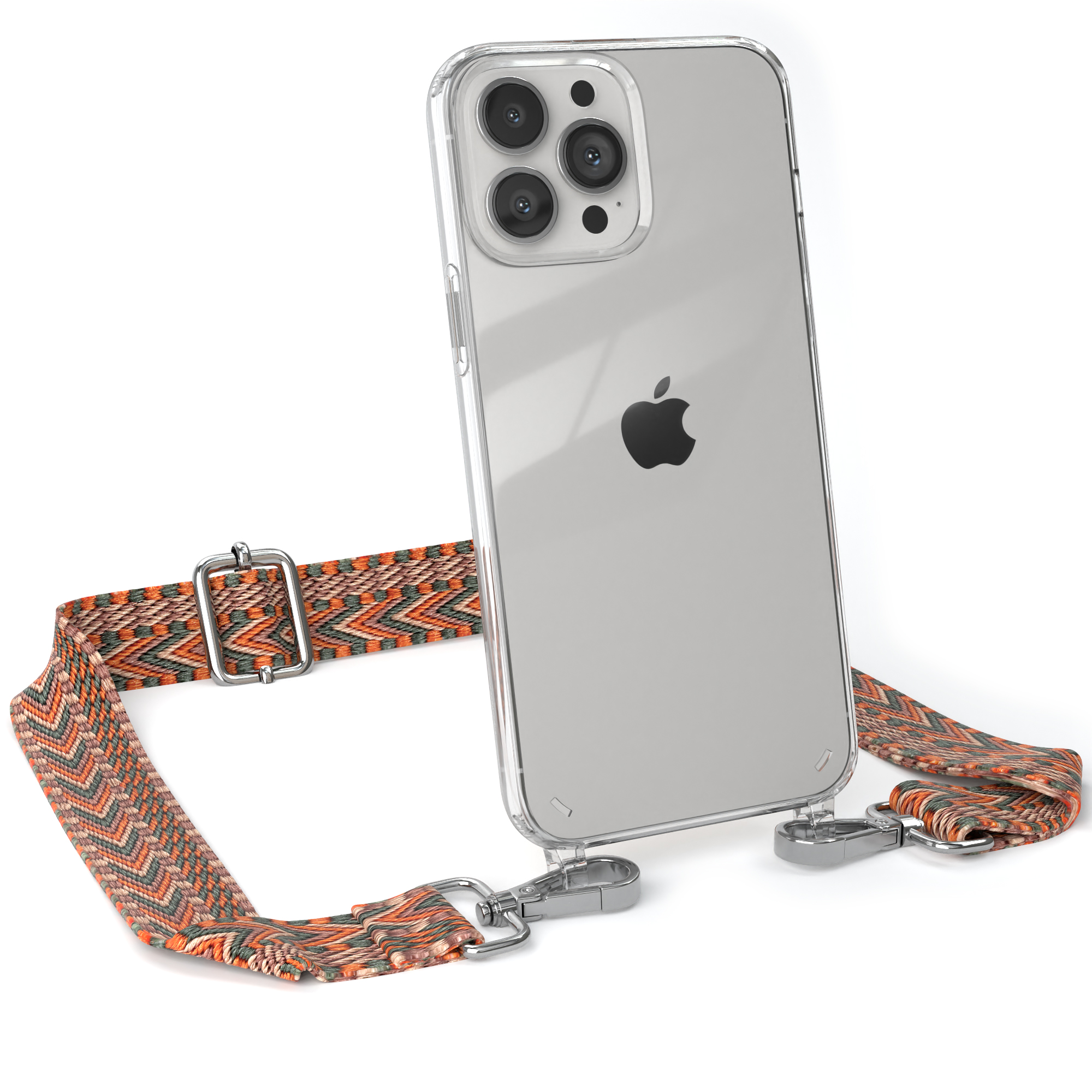 Transparente Handyhülle mit orange-grauem Schlüsselband.