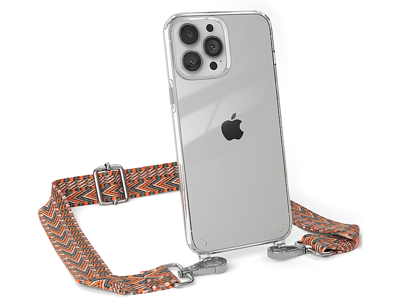 EAZY CASE Transparente Handyhülle mit Kordel Boho Style, Umhängetasche, Apple, iPhone 13 Pro Max, Orange / Grün