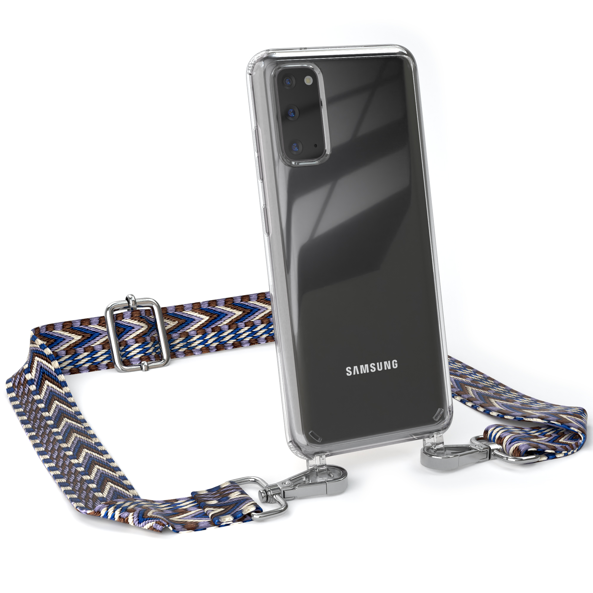 mit Galaxy / Samsung, Boho Umhängetasche, CASE Kordel Style, Weiß Handyhülle Blau Transparente EAZY S20,