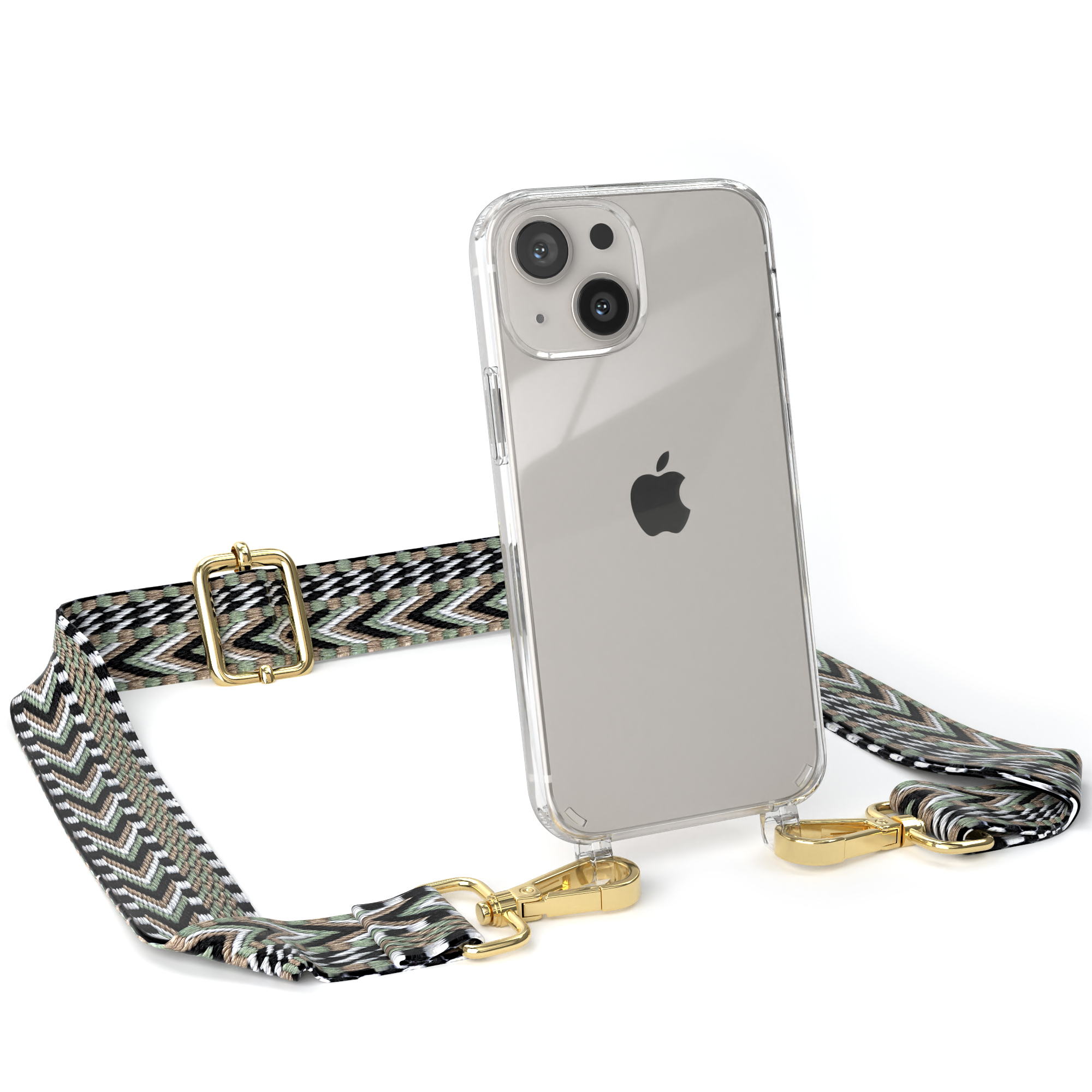 EAZY CASE Transparente Handyhülle mit Grün Style, Apple, Kordel Schwarz iPhone Boho 13 Umhängetasche, Mini, 