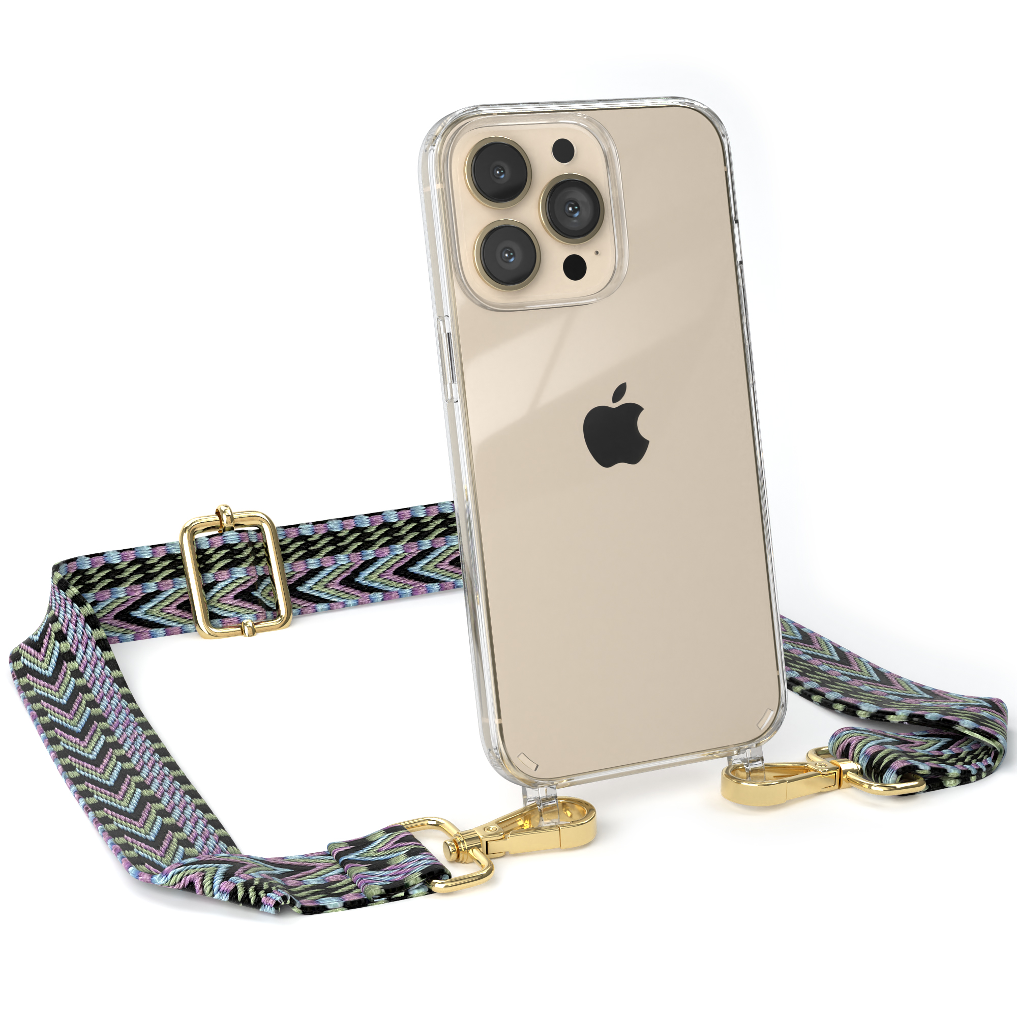 Transparente Handyhülle mit goldenem Telefon und einem mehrfarbigen Musterband. Apple-Handy sichtbar.