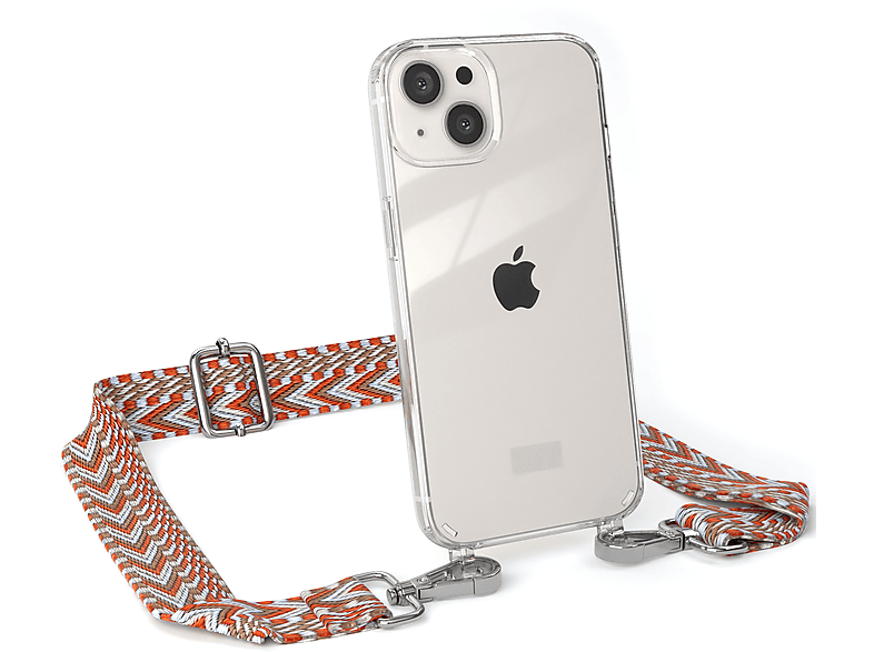 EAZY CASE Transparente / Handyhülle Kordel Umhängetasche, Style, iPhone Apple, 13, mit Boho Hellblau Rot