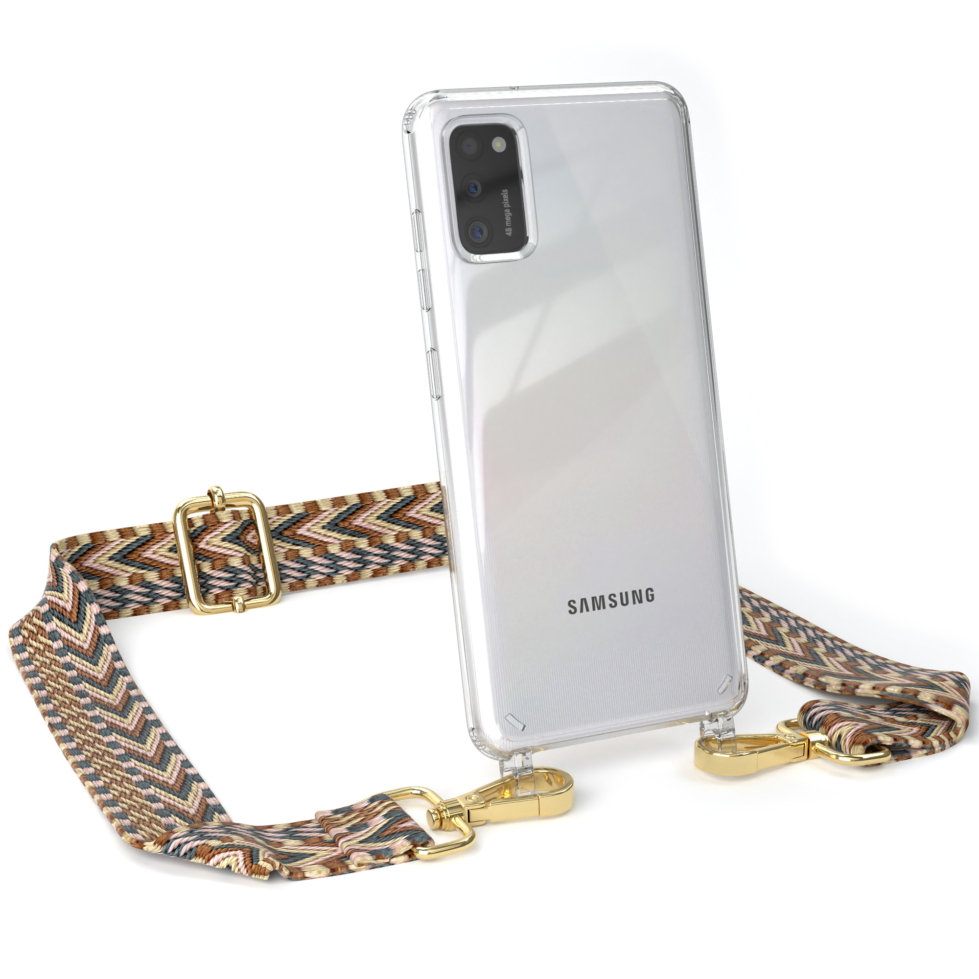 EAZY CASE Transparente Umhängetasche, Handyhülle Samsung, A41, Kordel Galaxy Boho Mix Braun mit Style