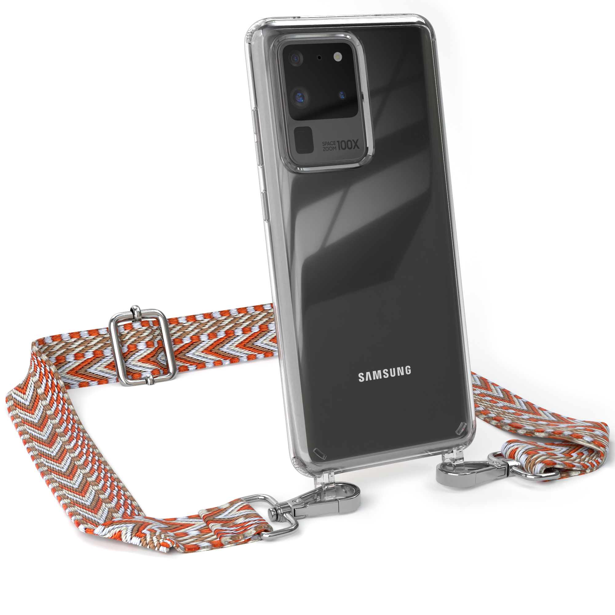 Samsung-Handy mit klarer Hülle und orange gemustertem Schlüsselband. Silberne Hardware angebracht.