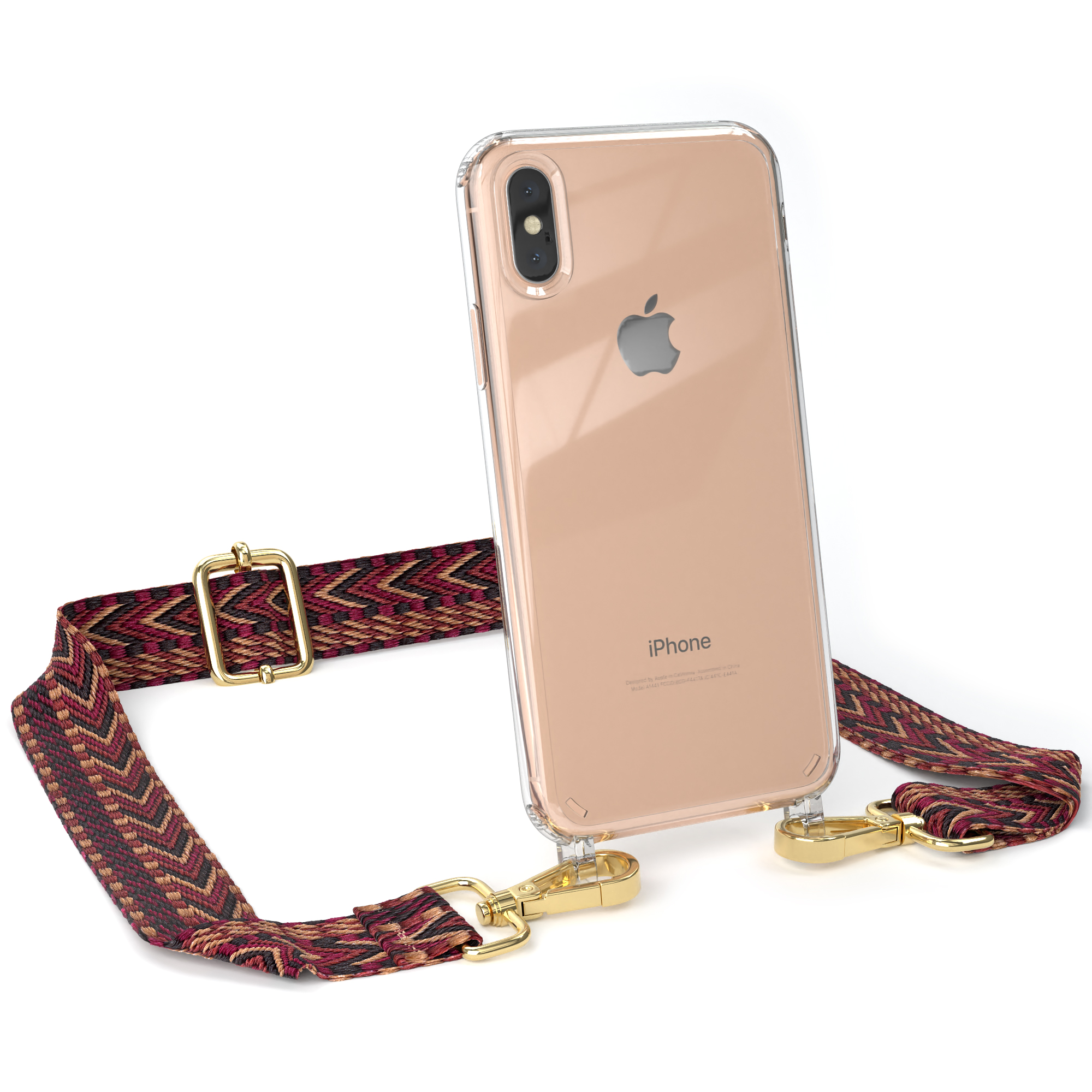 Transparente Handyhülle mit Riemen, goldenen Verschlüssen. Goldfarbenes Telefon mit Apple Logo, iPhone.