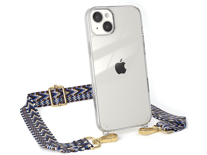 EAZY CASE Transparente Handyhülle mit Apple, / Boho 14 Kordel iPhone Umhängetasche, Plus, Style, Weiß Blau