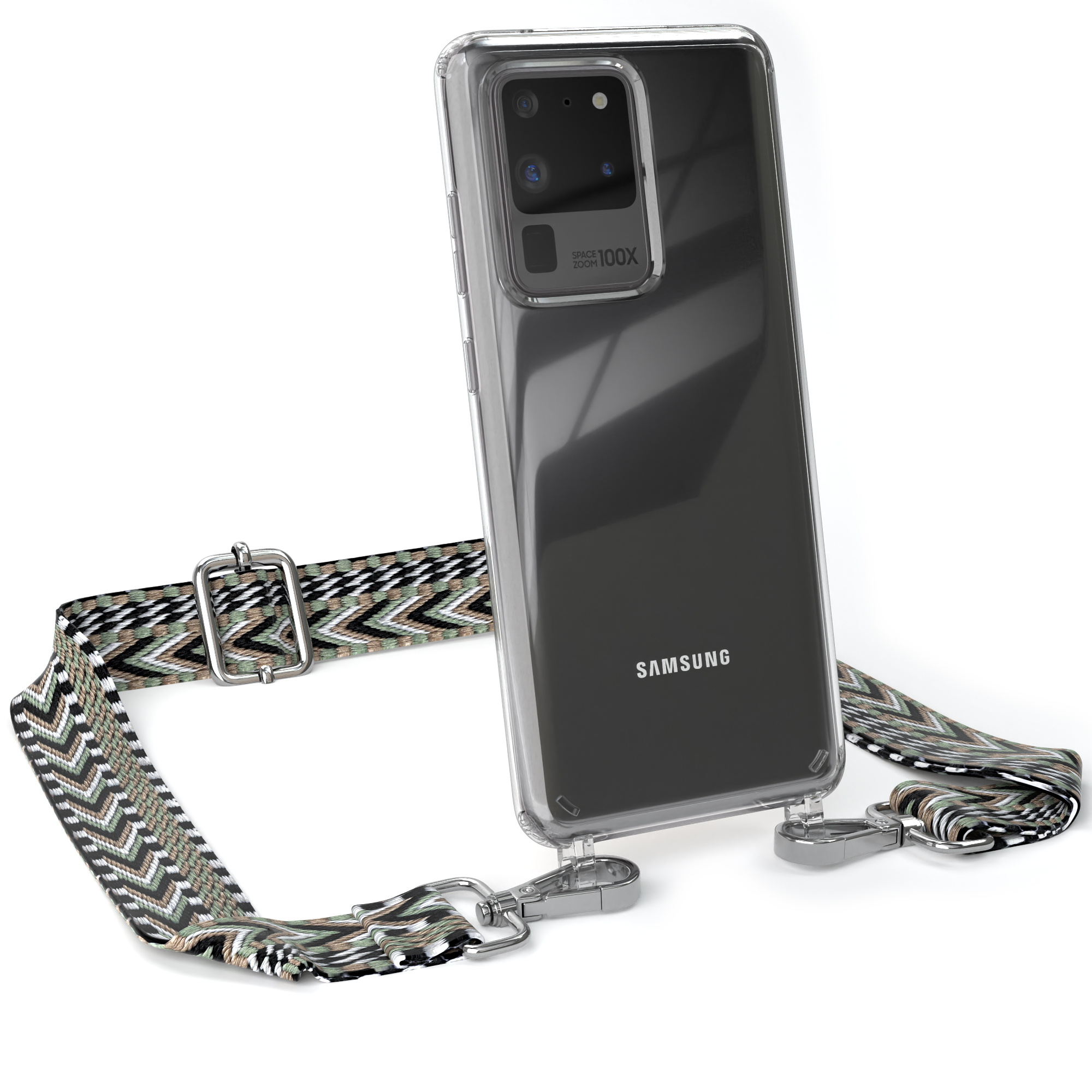 Transparente Handyhülle mit grün-schwarzem Riemen, silberner Hardware, Samsung-Logo.