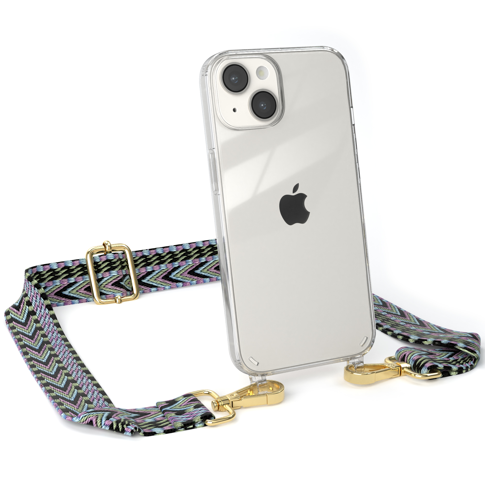 Klares iPhone mit Riemen. Riemen hat ein schwarz, grünes und weißes geometrisches Design. Die Hülle ist klar.