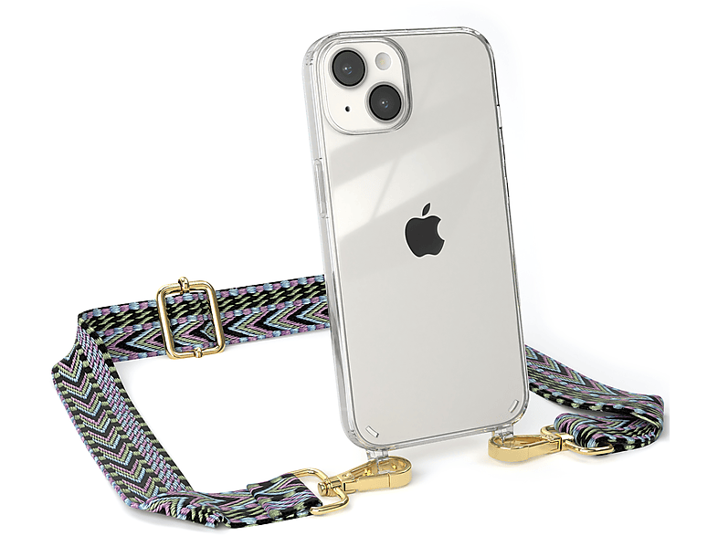EAZY CASE Grün Apple, Handyhülle iPhone Umhängetasche, Transparente Boho / 14, mit Violett Kordel Style