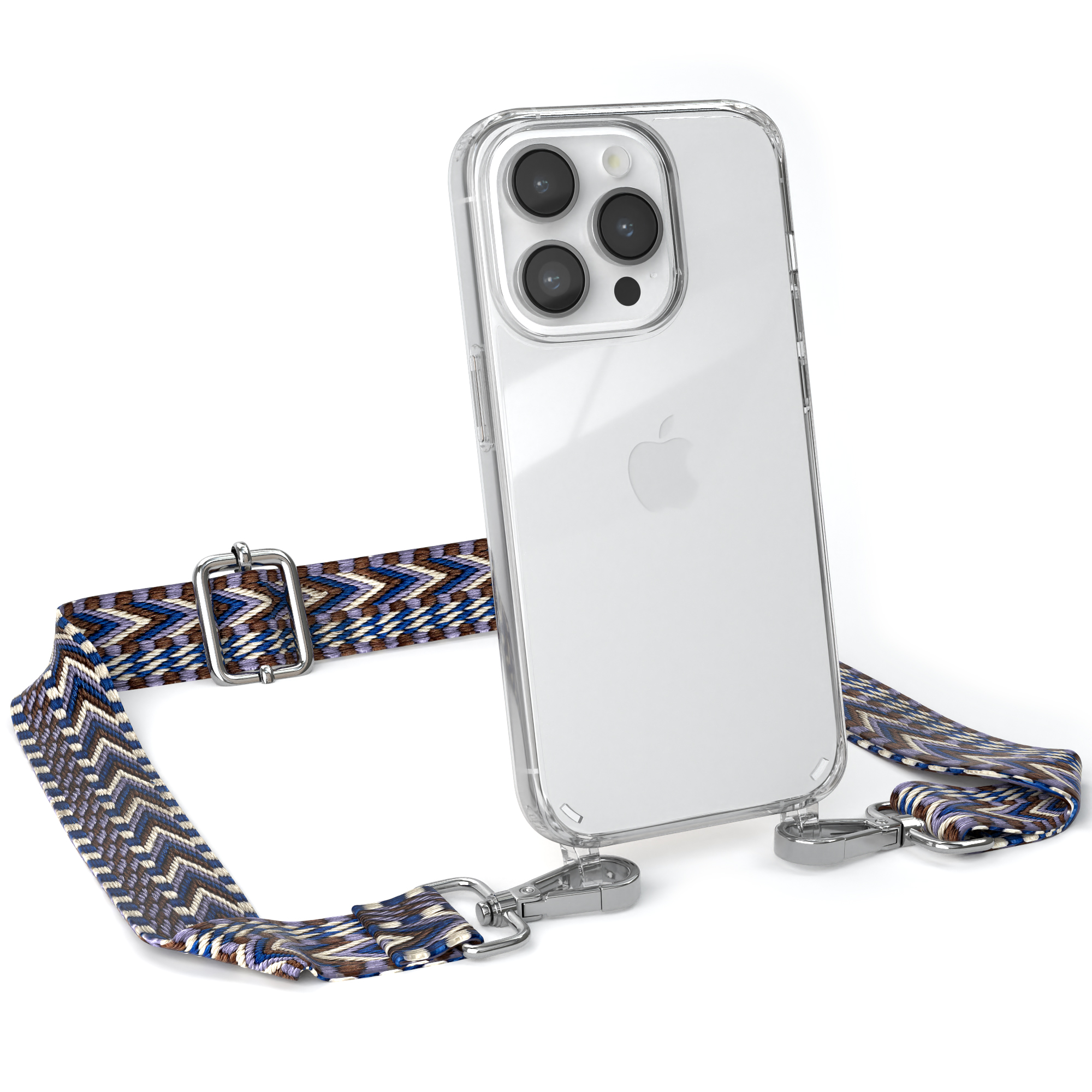 EAZY CASE Transparente Handyhülle mit Pro, Weiß Boho iPhone / Style, Blau Umhängetasche, Apple, 14 Kordel