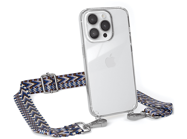 EAZY CASE Transparente Handyhülle mit Kordel Boho Style, Umhängetasche, Apple, iPhone 14 Pro, Blau / Weiß
