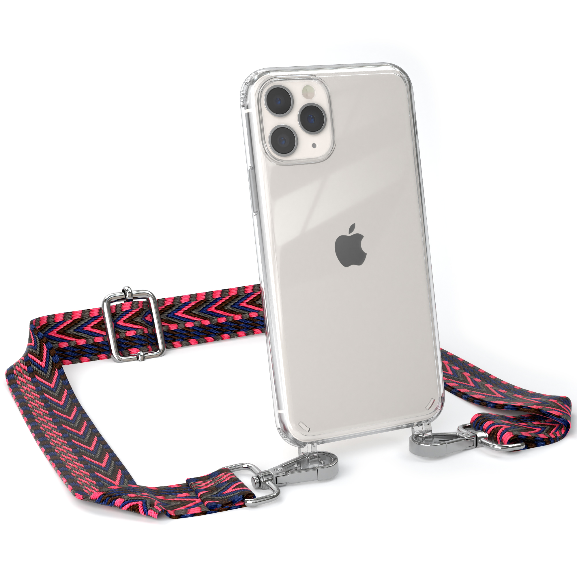 Transparente Handyhülle mit Riemen, Apple-Logo und pink-schwarzem Riemen.