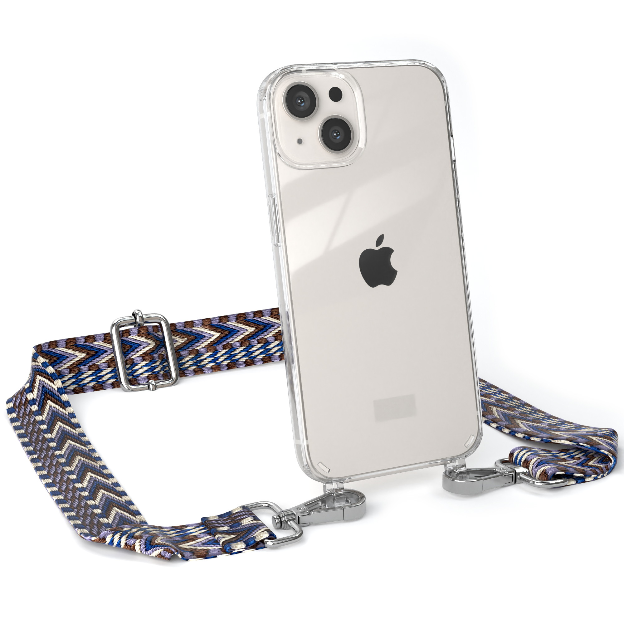 Transparente Handyhülle mit gemustertem Riemen. Apple Logo sichtbar. Silberne Hardware. Weißer Hintergrund.