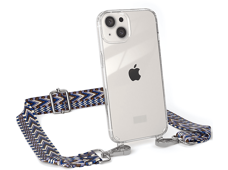 EAZY CASE Transparente Handyhülle mit Kordel Boho Style, Umhängetasche, Apple, iPhone 13, Blau / Weiß