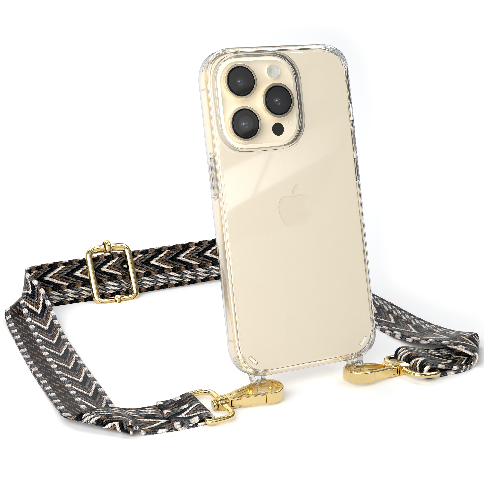 EAZY CASE Transparente Boho 14 Apple, Schwarz iPhone Umhängetasche, Kordel Style, Handyhülle Grau / Pro, mit