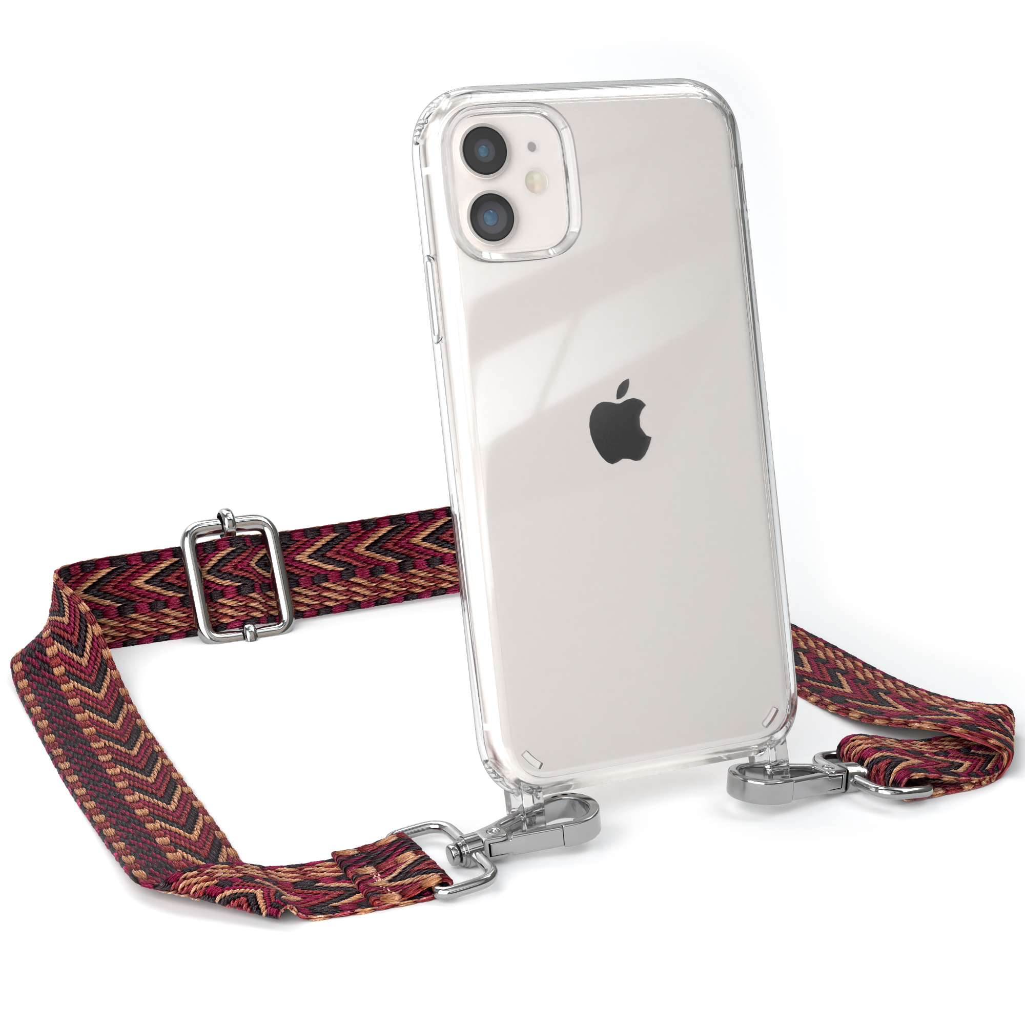 EAZY CASE Apple, Rot mit Handyhülle Boho / Kordel Braun Style, Transparente iPhone 11, Umhängetasche