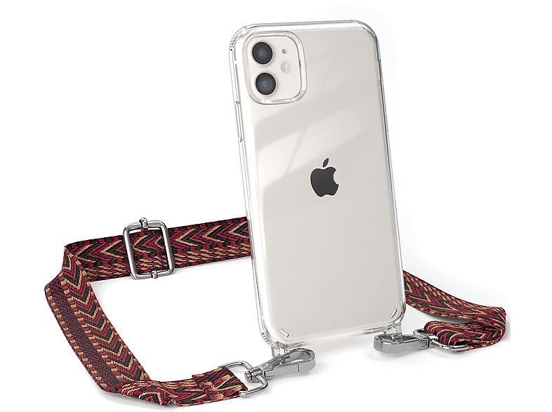 EAZY CASE Transparente Handyhülle mit Kordel Boho Style, Umhängetasche, Apple, iPhone 11, Rot / Braun