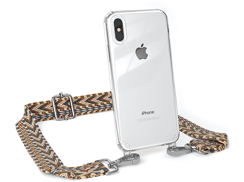 Kordel XS, Apple, EAZY Boho Mix Handyhülle / Transparente CASE Style, Braun iPhone Umhängetasche, X mit
