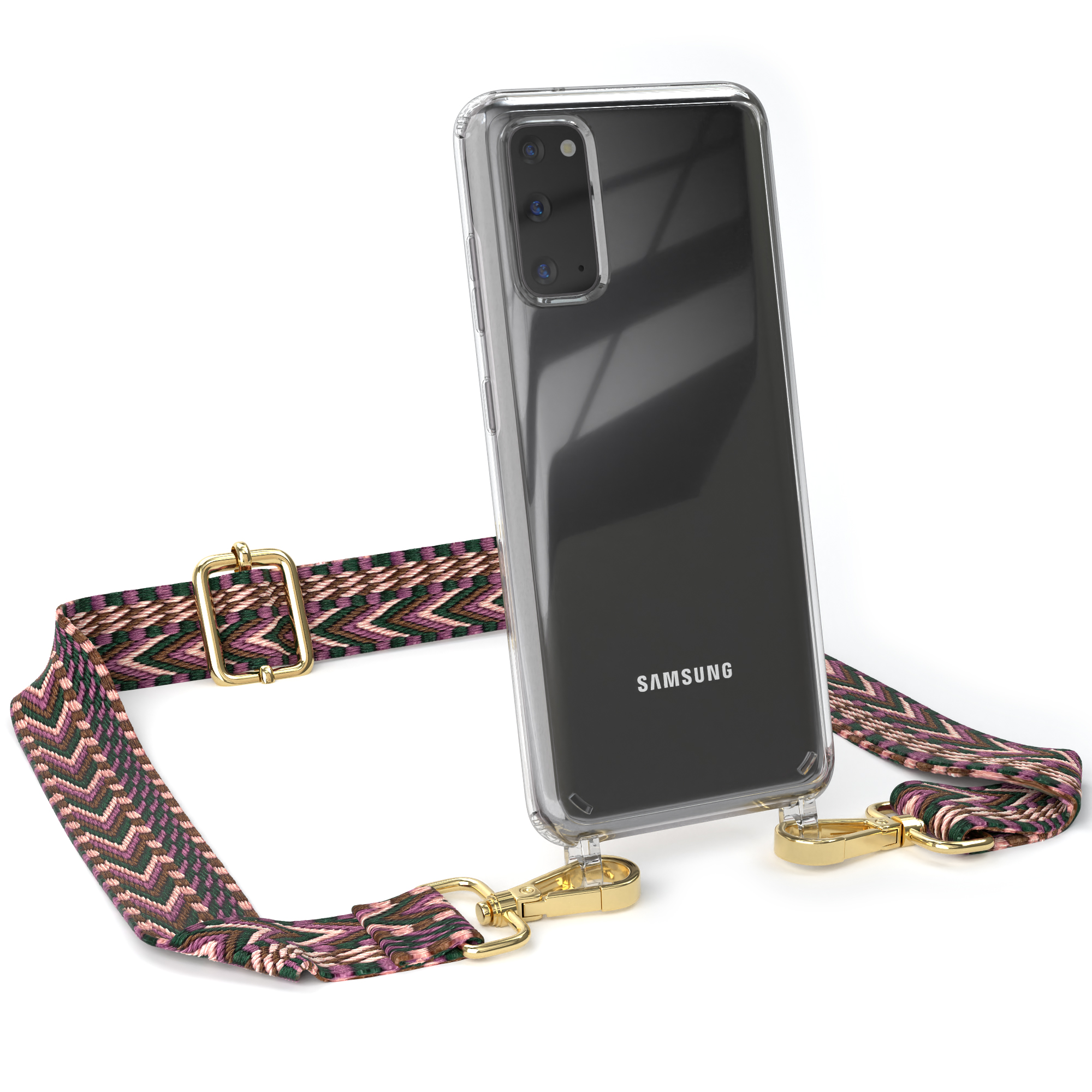 CASE Rosa / Boho mit Handyhülle EAZY S20, Style, Kordel Transparente Beere Umhängetasche, Galaxy Samsung,