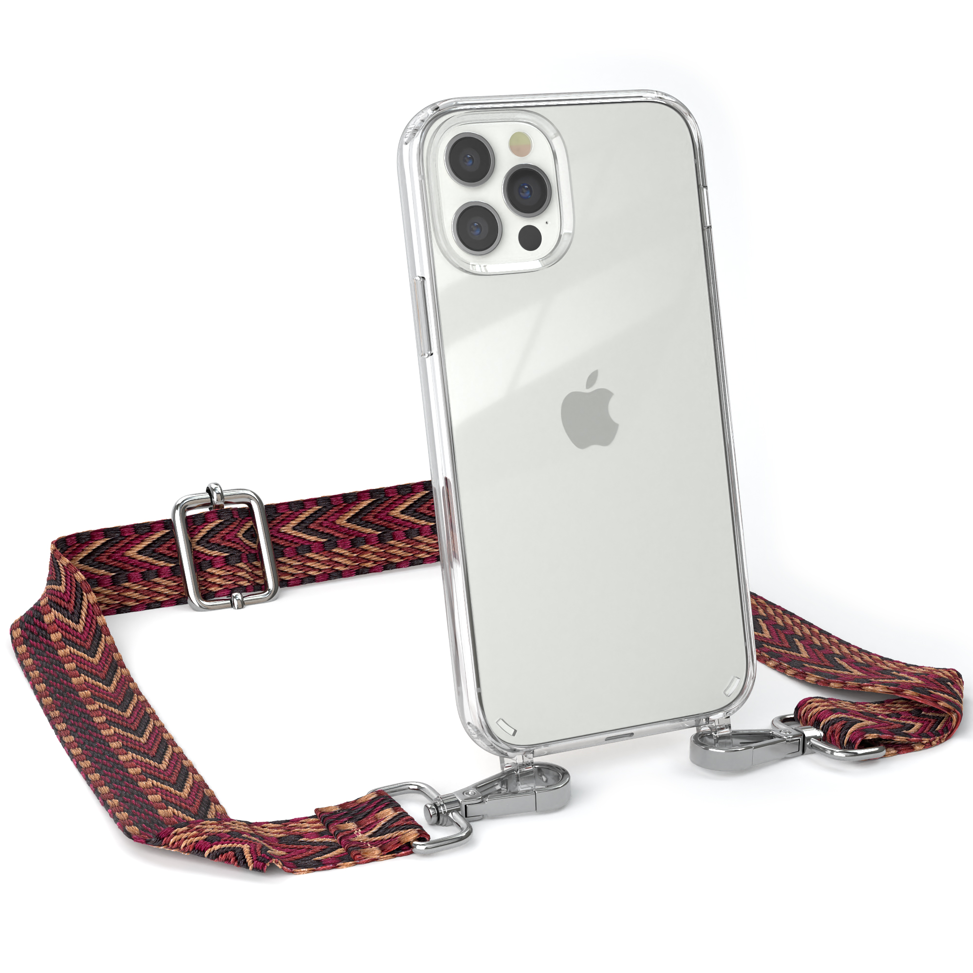 Transparente 12 iPhone Apple, CASE Style, EAZY mit Boho Braun Rot 12 Kordel / Handyhülle Umhängetasche, / Pro,
