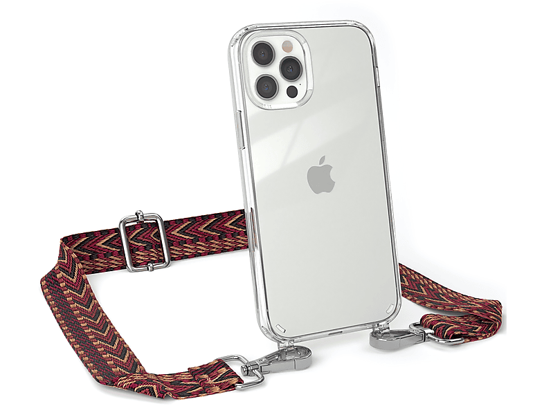 Transparente 12 iPhone Apple, CASE Style, EAZY mit Boho Braun Rot 12 Kordel / Handyhülle Umhängetasche, / Pro,