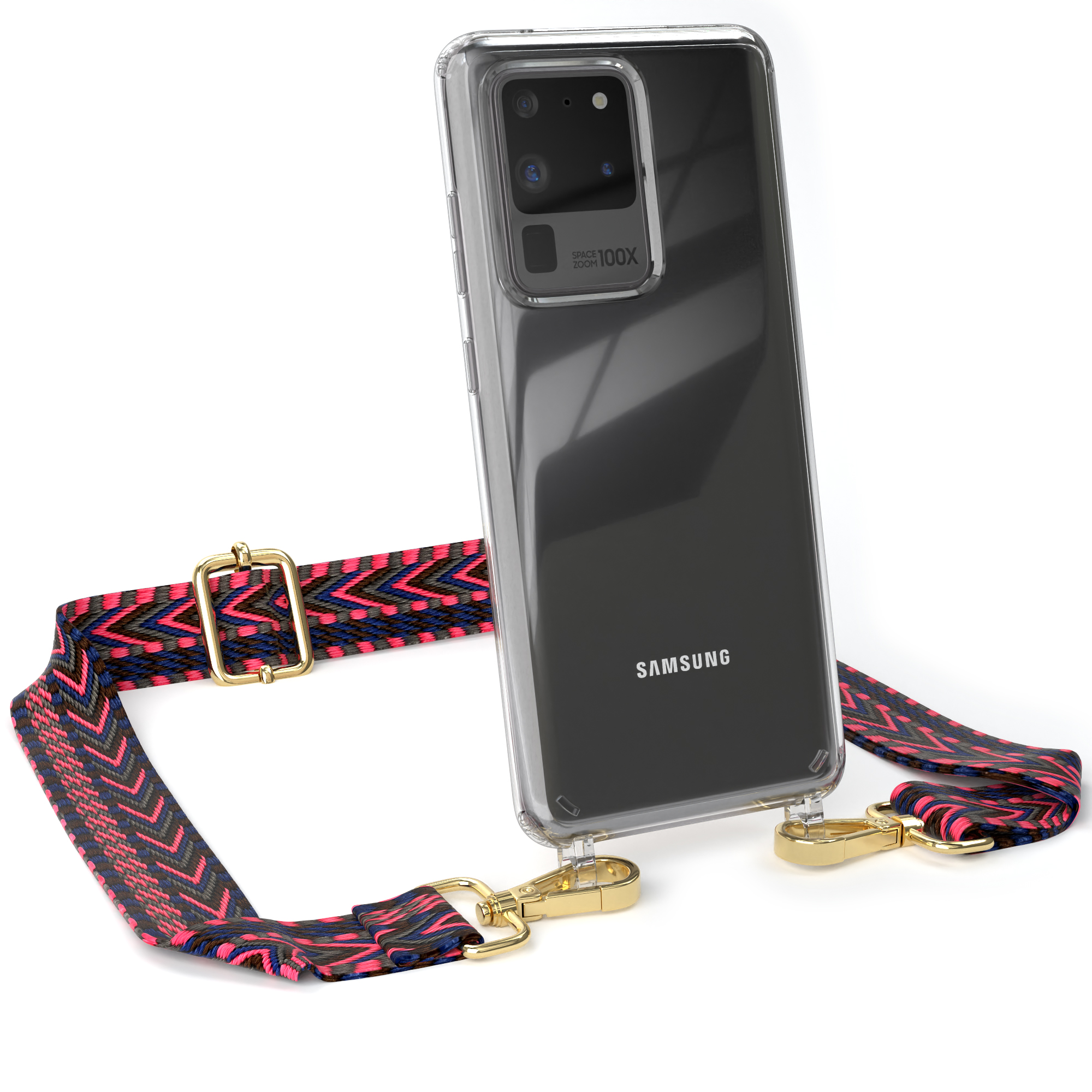Transparente Handyhülle mit gemustertem Gurt. Das Telefon hat eine Kamera. Gurt hat rosa, blaue und schwarze Zickzackmuster.