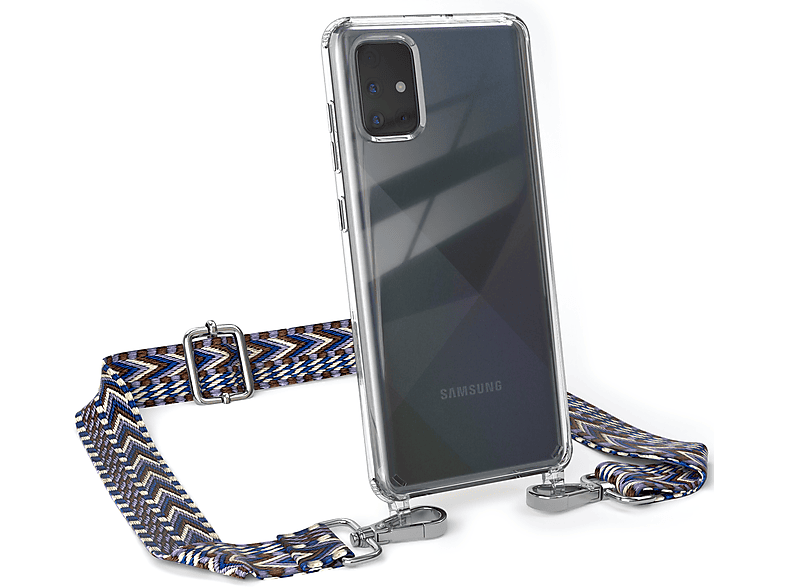 EAZY CASE Transparente Handyhülle mit Kordel Boho Style, Umhängetasche, Samsung, Galaxy A71, Blau / Weiß