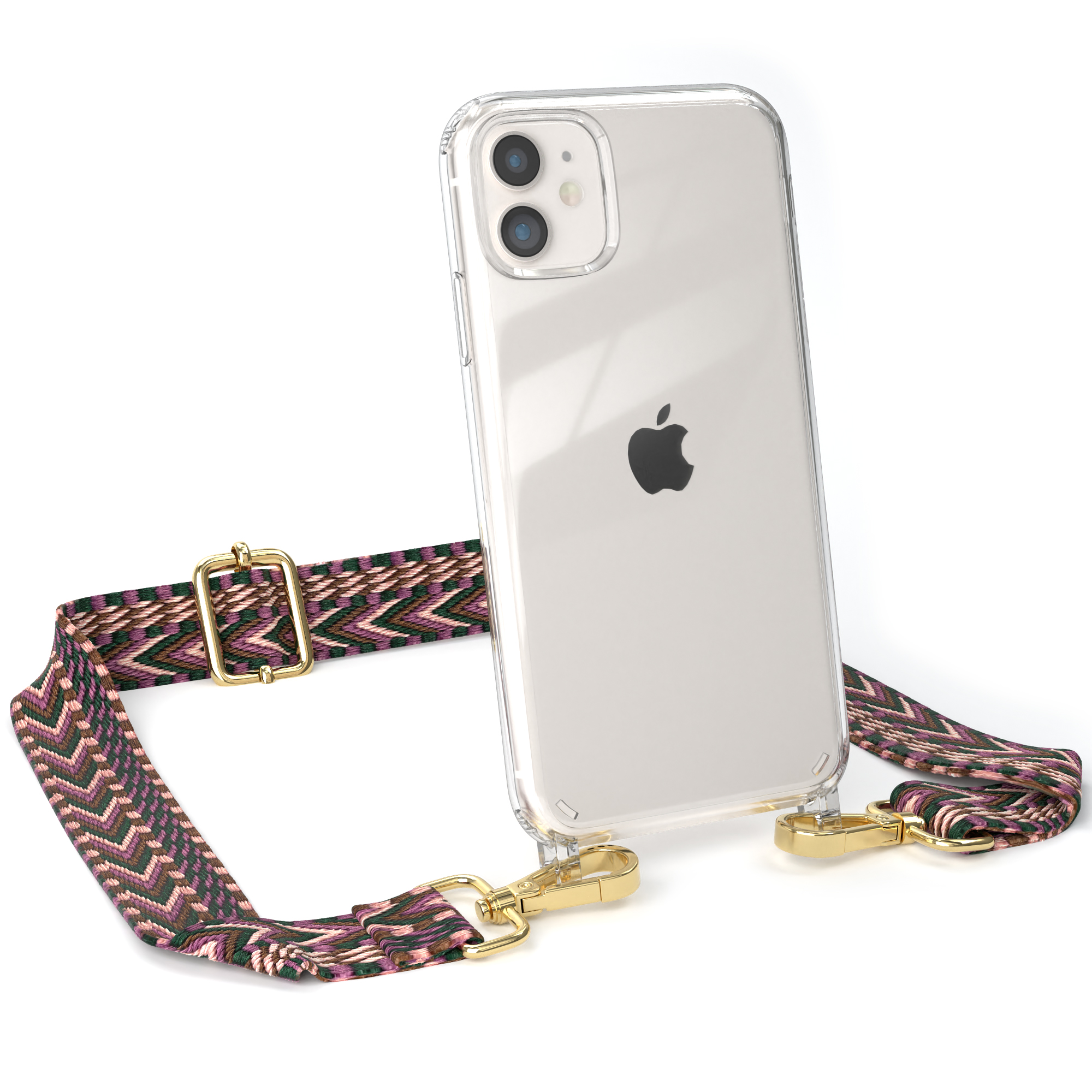 Transparente Handyhülle mit gemustertem Riemen. Das Telefon ist transparent und zeigt das Apple-Logo.