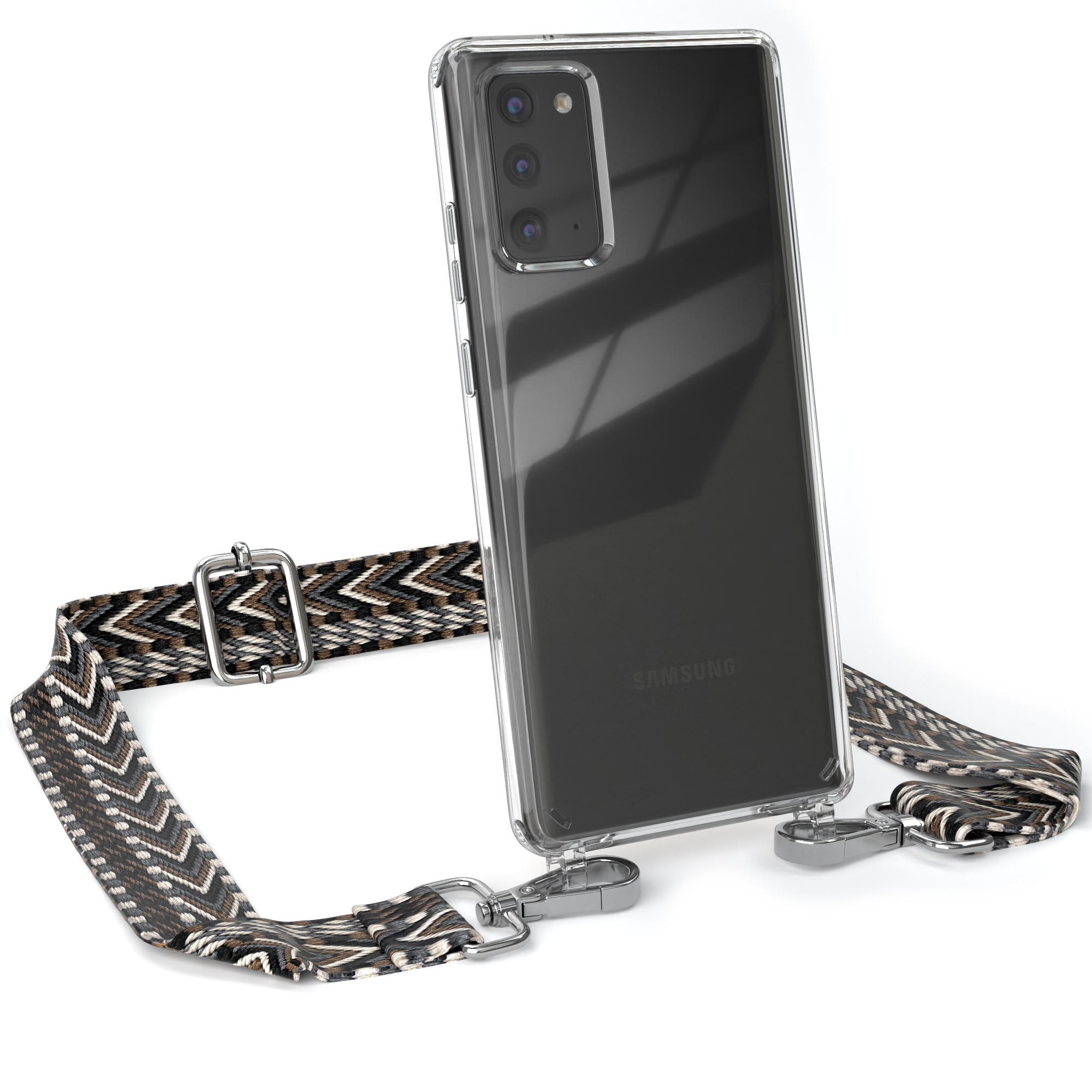 Eine transparente Handyhülle mit Riemen, die ein Samsung-Handy zeigt. Der Riemen ist braun, schwarz und weiß.