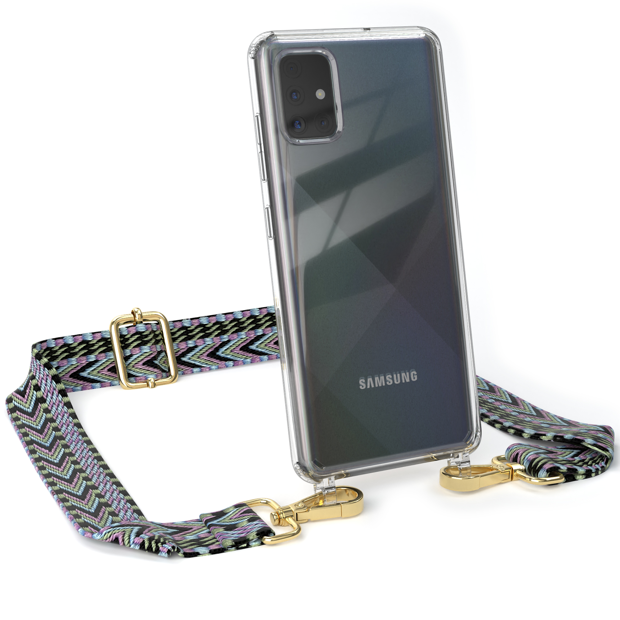 Transparente Samsung-Hülle mit gemustertem Riemen. Goldfarbene Hardware. Samsung-Logo sichtbar.