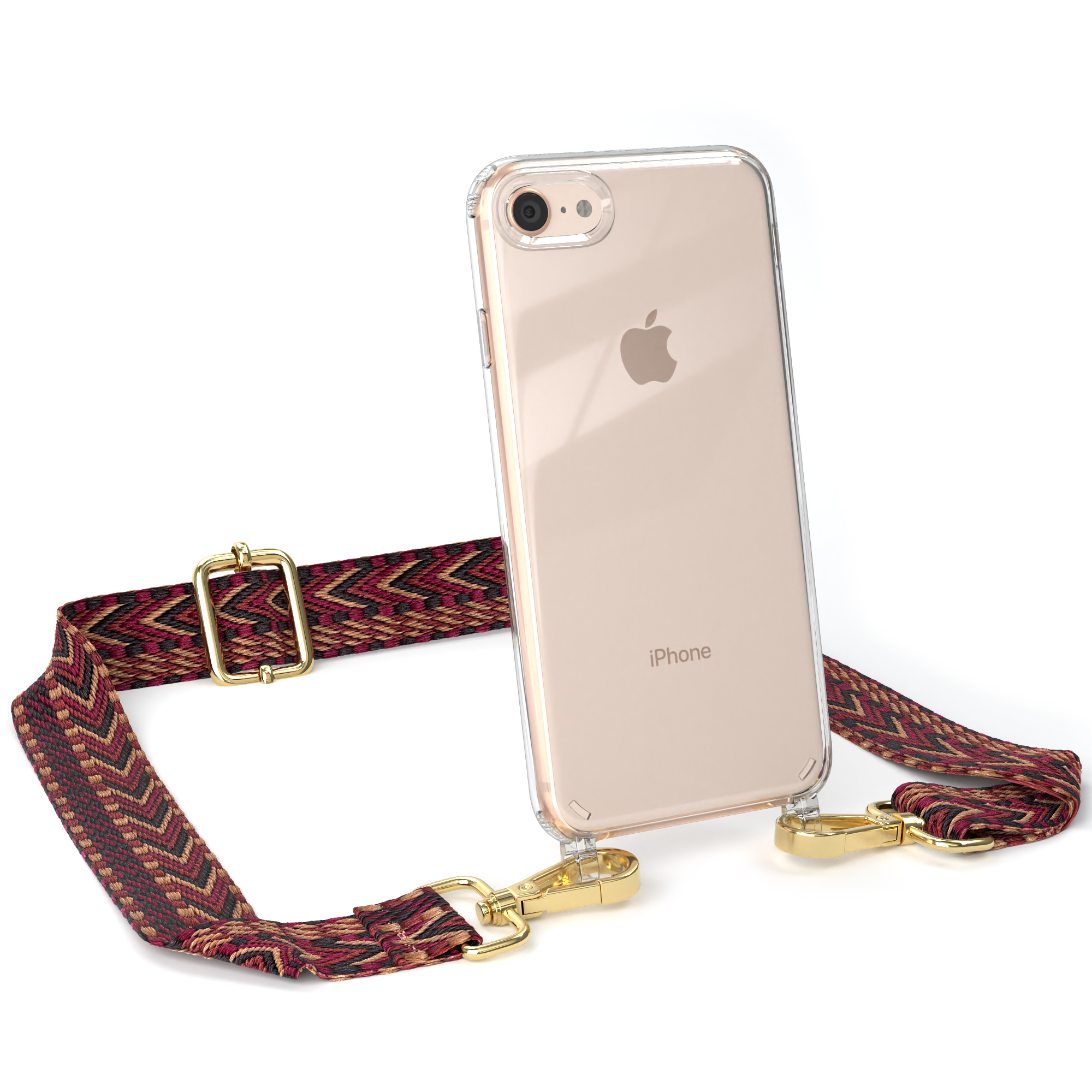 Eine transparente Handyhülle mit Riemen, die ein Apple iPhone zeigt. Der Riemen ist rot und braun.