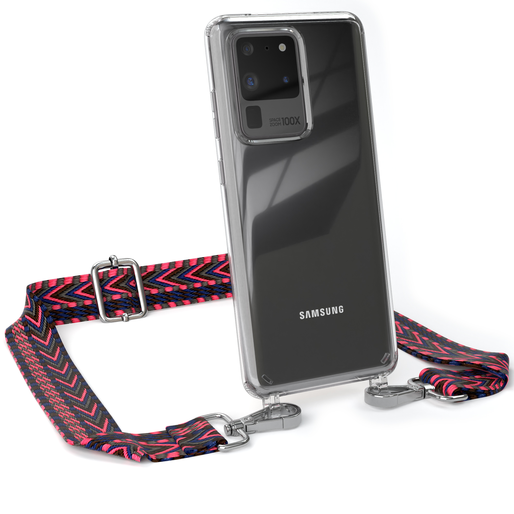 Transparente Samsung-Hülle mit pink-schwarz gemustertem Riemen. Silberne Hardware. Samsung-Logo sichtbar.
