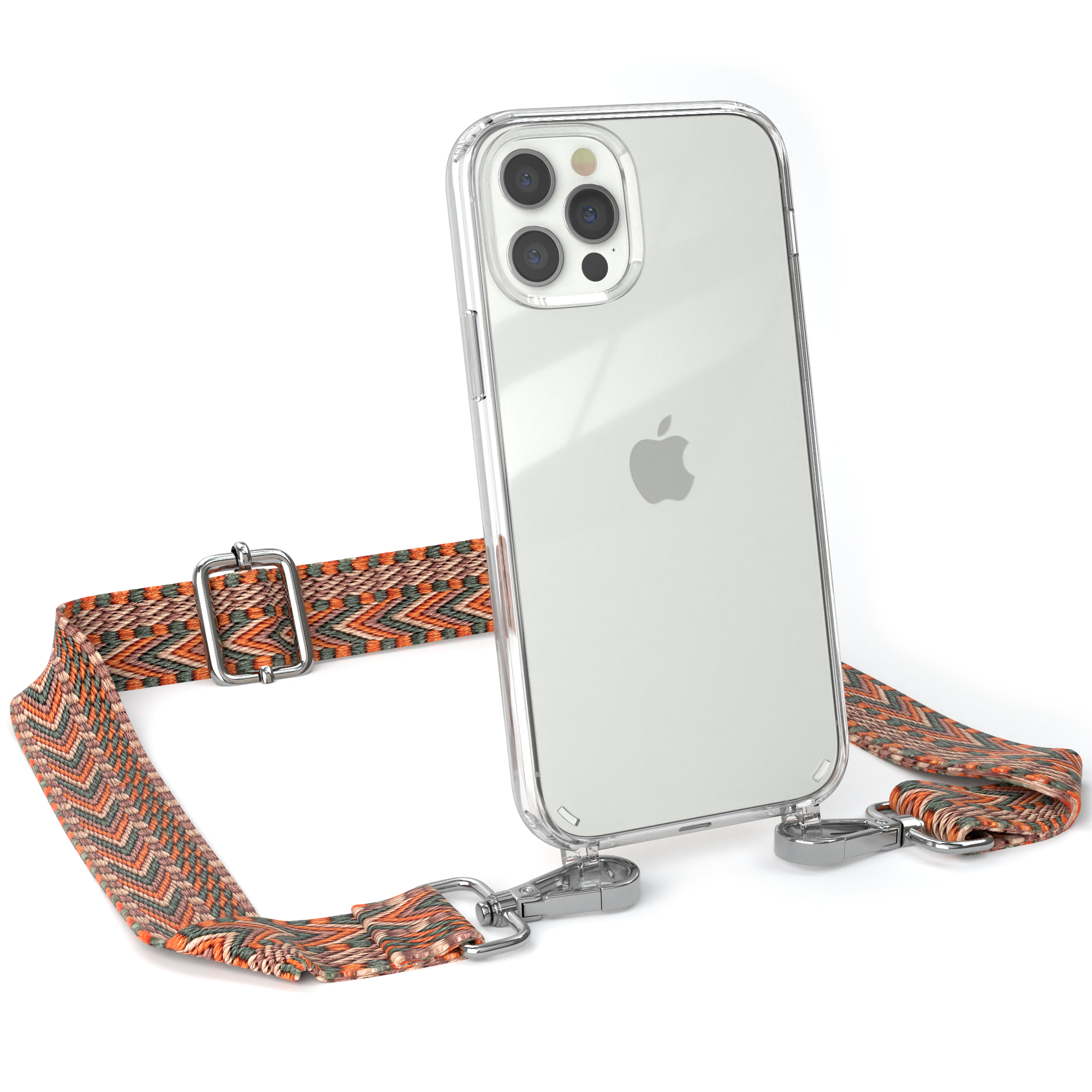 Apple iPhone in klarer Hülle mit orangefarbenem Schlüsselband. Silberne Hardware befestigt.