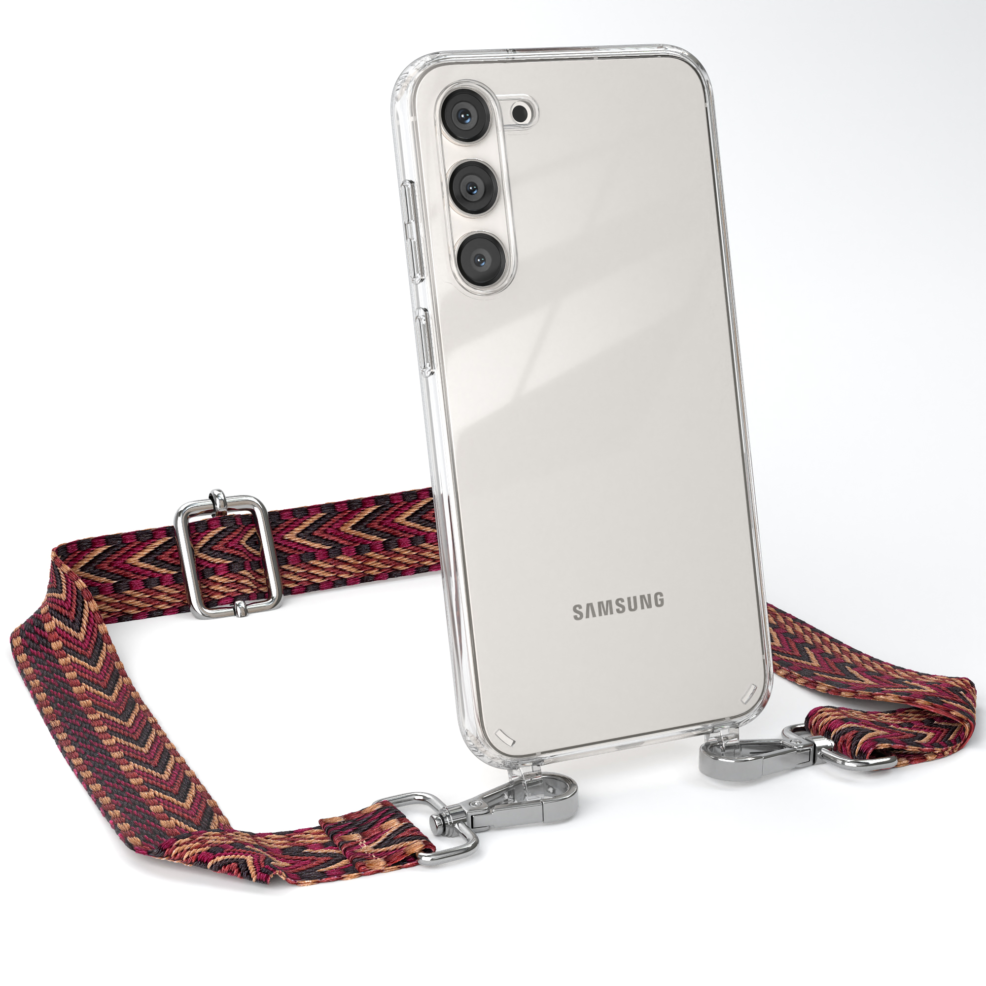 EAZY Plus, Handyhülle Rot CASE Braun Umhängetasche, Kordel mit Galaxy S23 Transparente / Samsung, Boho Style,
