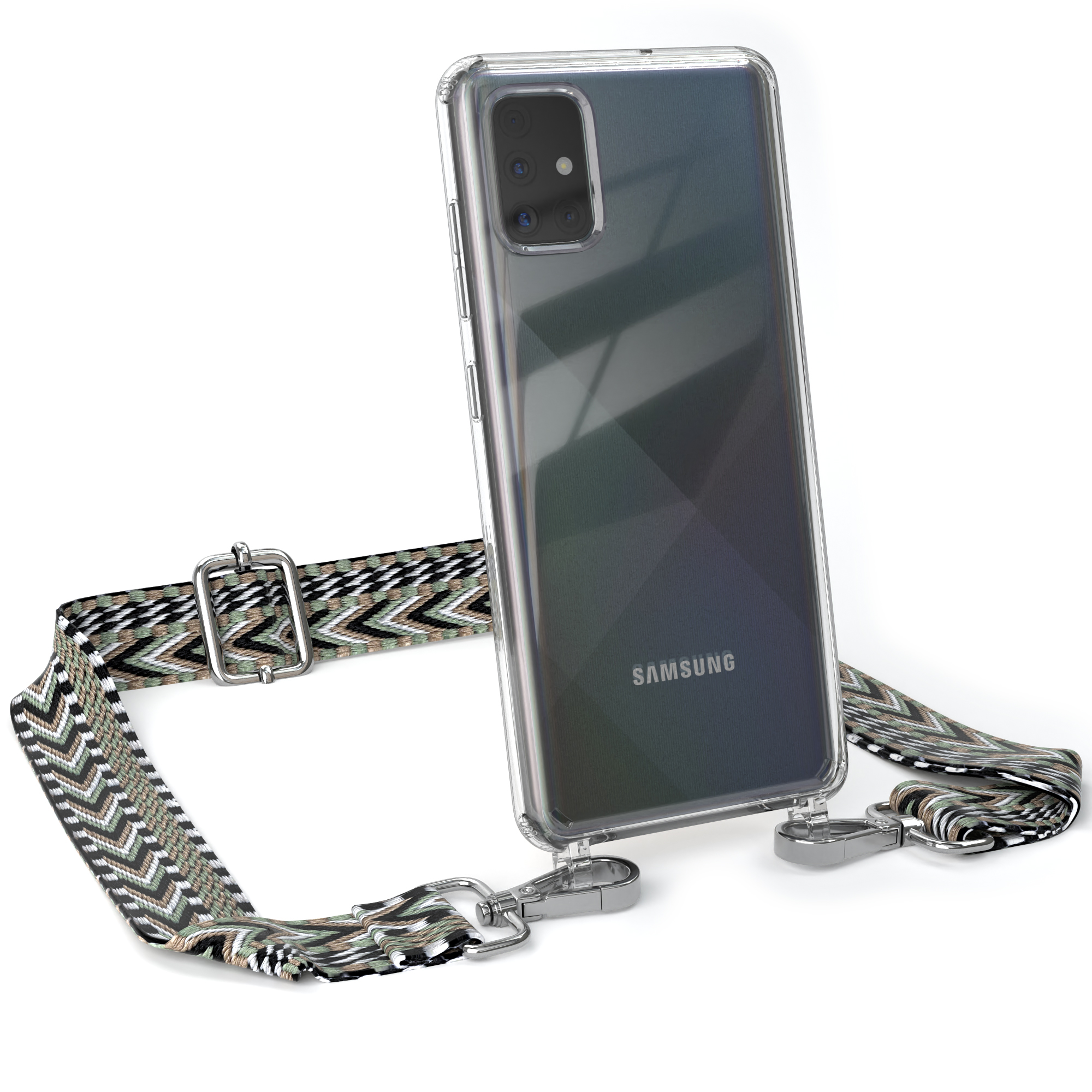Transparente Handyhülle mit Riemen. Ein Samsung-Telefon befindet sich in der Hülle. Der Riemen hat grüne, weiße und schwarze Zickzackmuster.