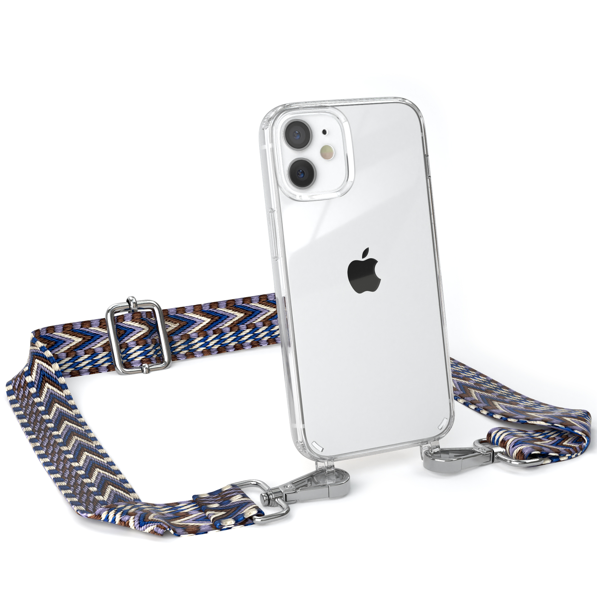 Transparente Handyhülle mit Riemen. Blau-weißer Zickzack-Riemen. Silberne Verschlüsse. Apple-Telefon.