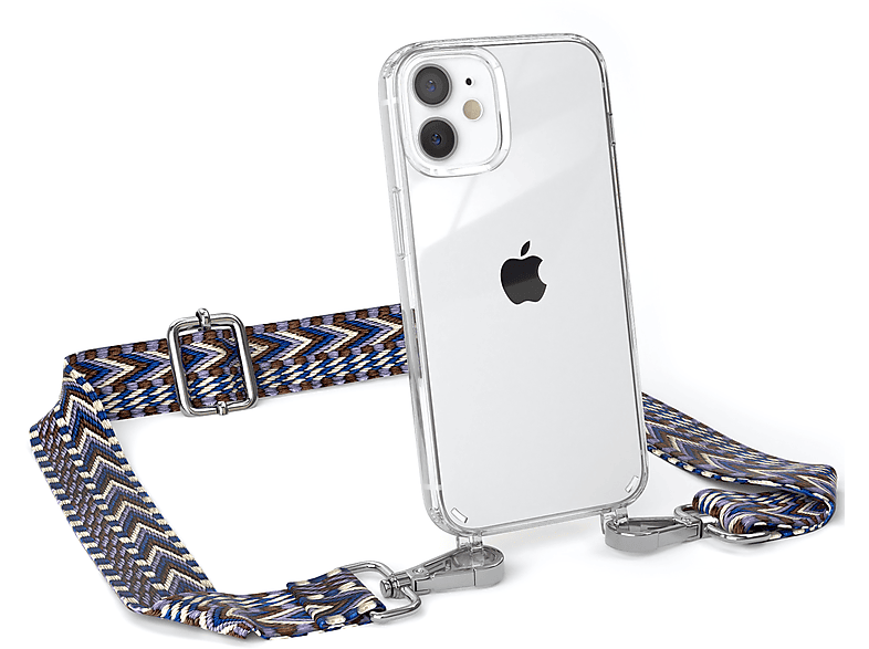 EAZY CASE Transparente Style, Mini, / Handyhülle Umhängetasche, Weiß mit Boho 12 iPhone Apple, Blau Kordel