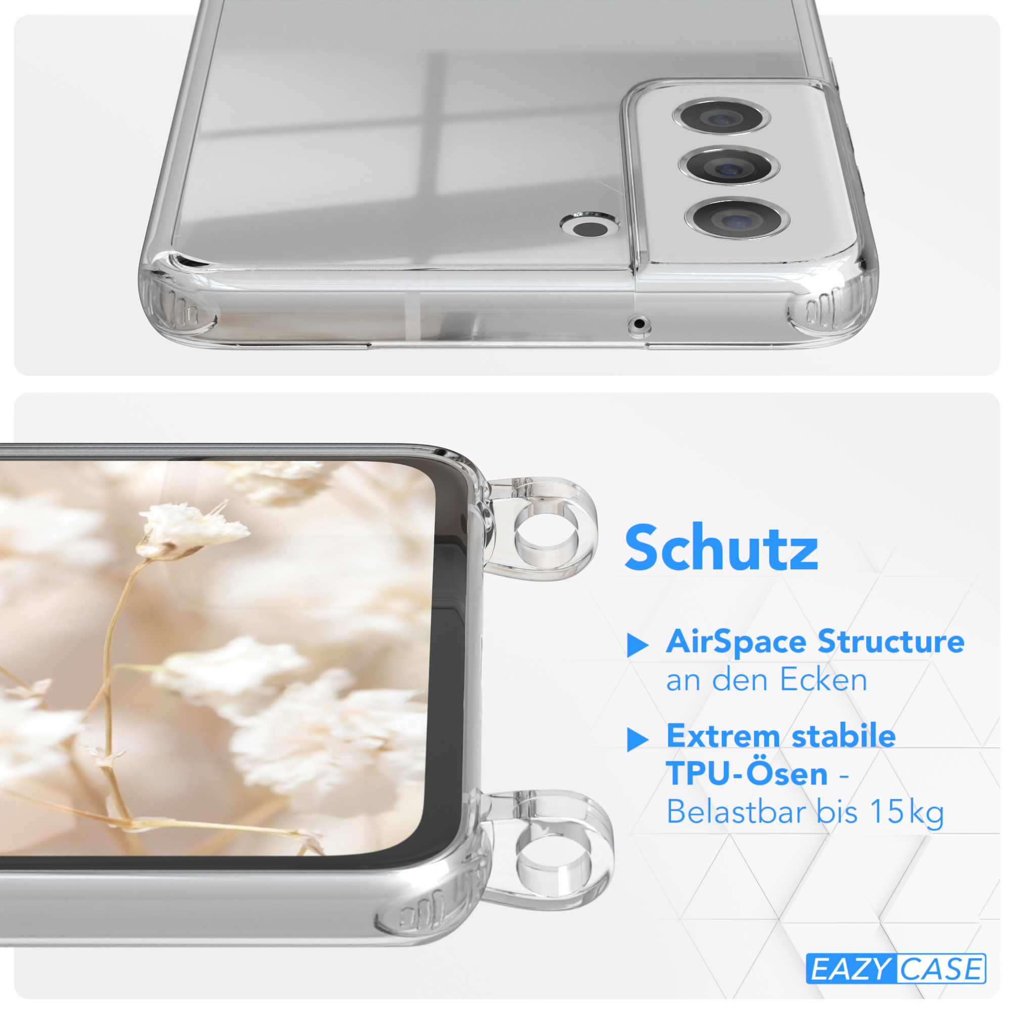 Transparente Handyhülle mit Telefon. Textdetails Luftraumstruktur und TPU-Ösen-Schutz.