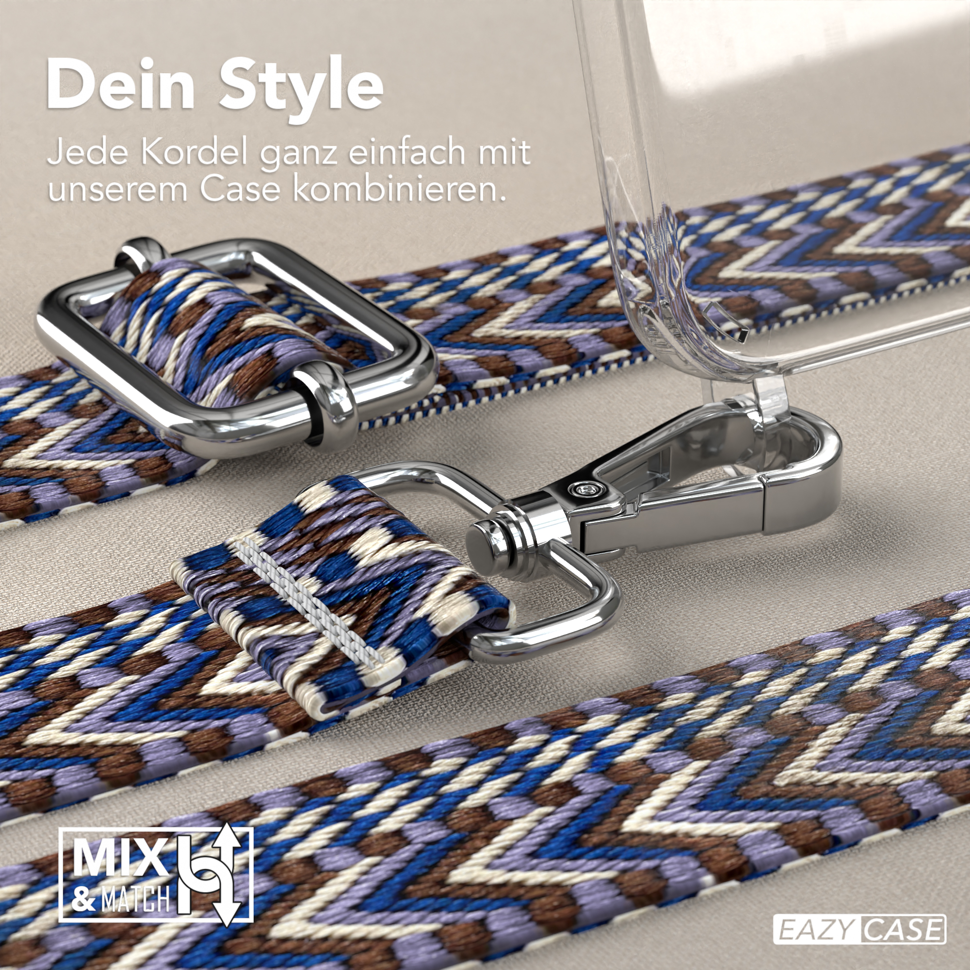 Eine Handyhülle mit blauem, gemustertem Riemen, silberner Hardware und deutschem Text.