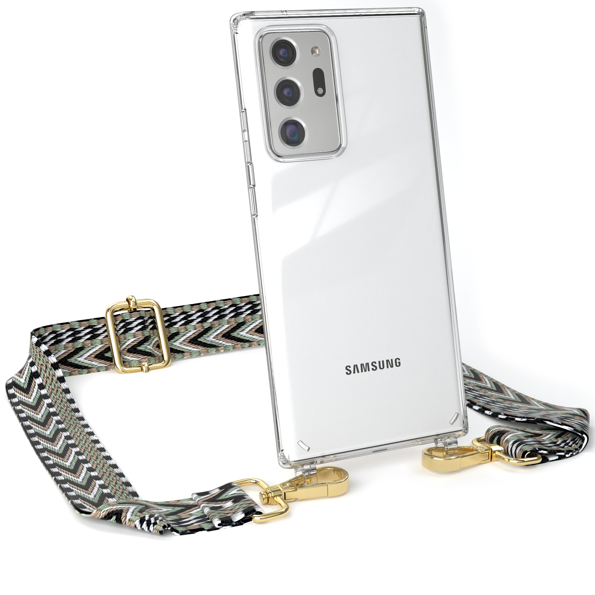 Transparente Samsung-Handyhülle mit Trageriemen. Riemen hat grüne, schwarze und weiße Zickzackmuster. Weißer Hintergrund.