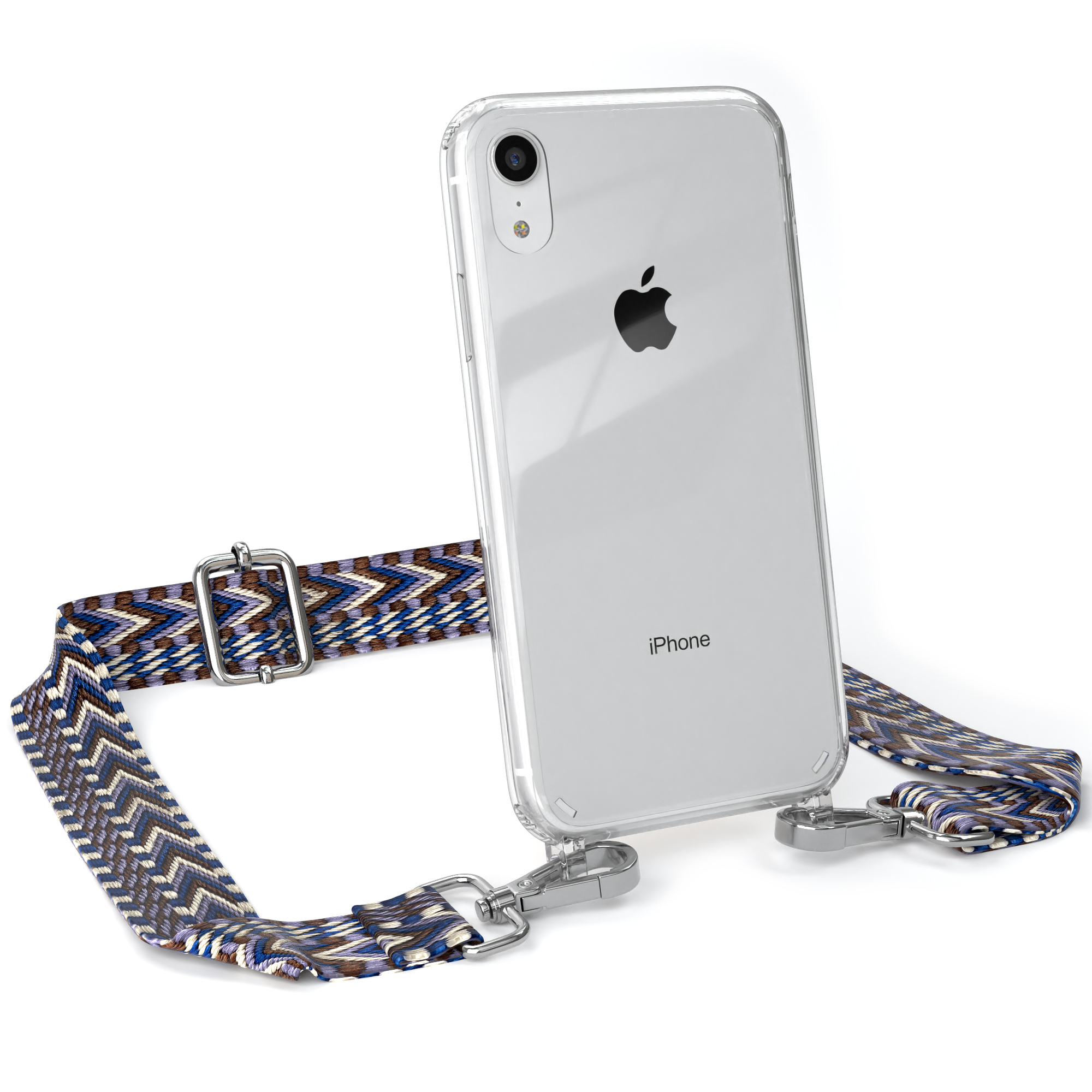 Klares iPhone mit Riemen. Riemen hat blaues, braunes und weißes geometrisches Design. Die Handyhülle ist klar.