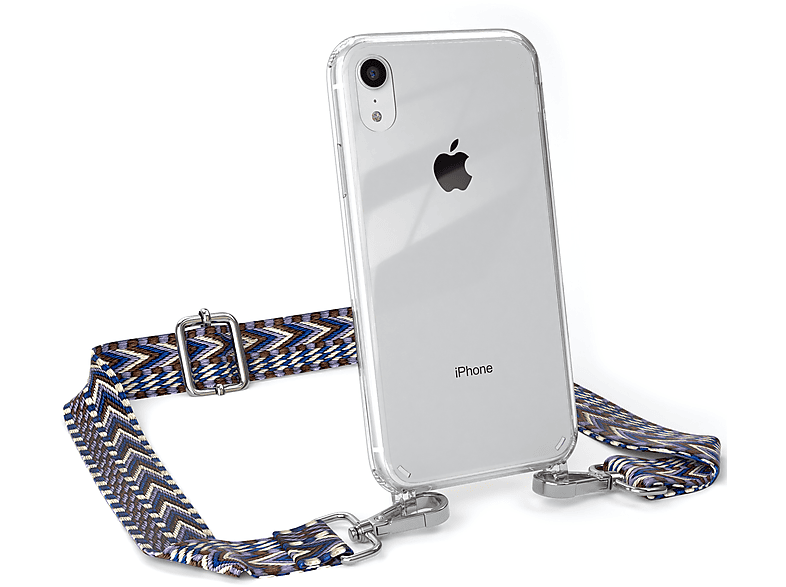 EAZY Boho Kordel Style, Blau mit CASE Handyhülle / iPhone Apple, Transparente Umhängetasche, XR, Weiß